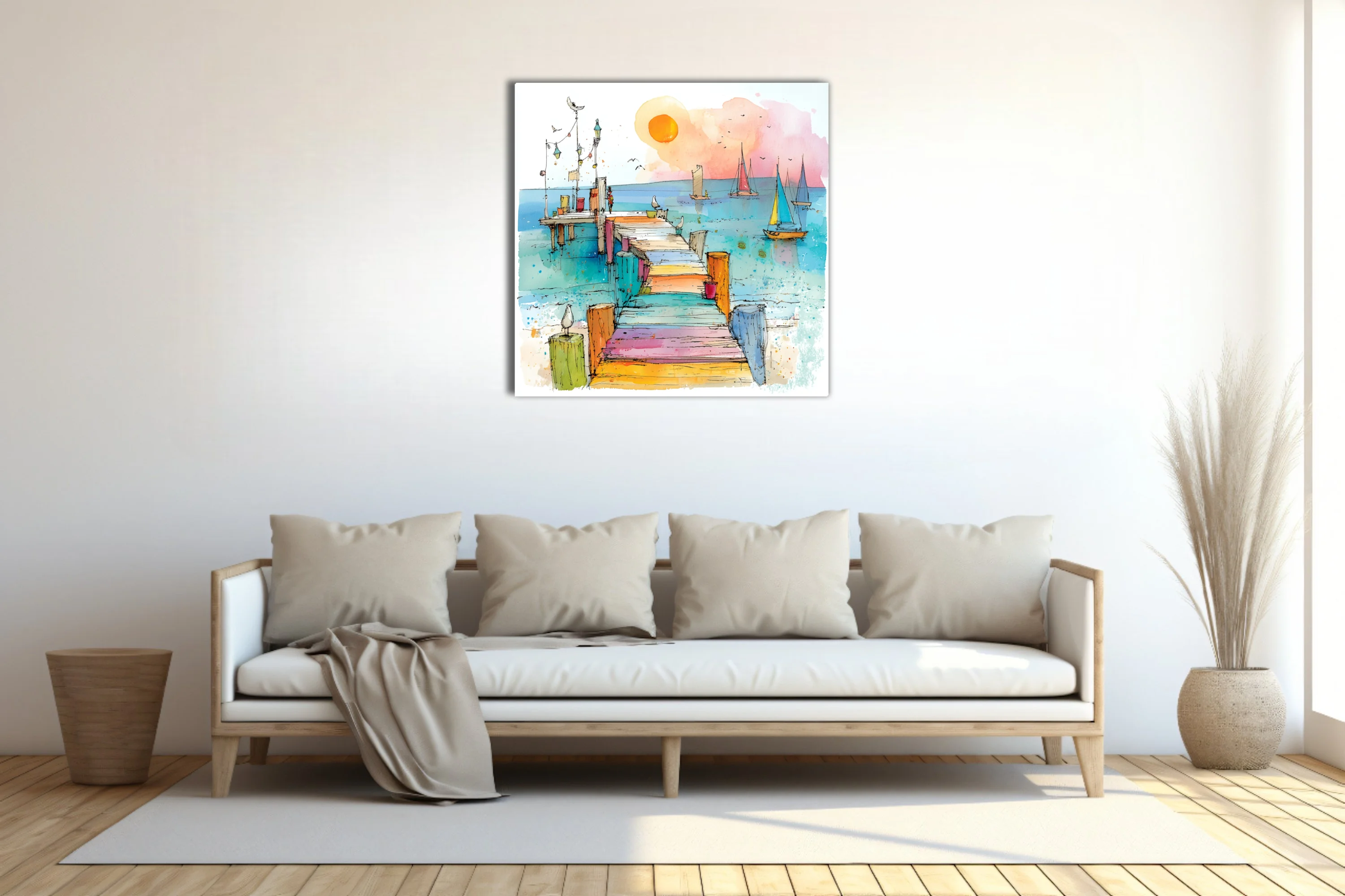 Colorful watercolor-style pier and sailboats sketch, intensely colored coastal scene