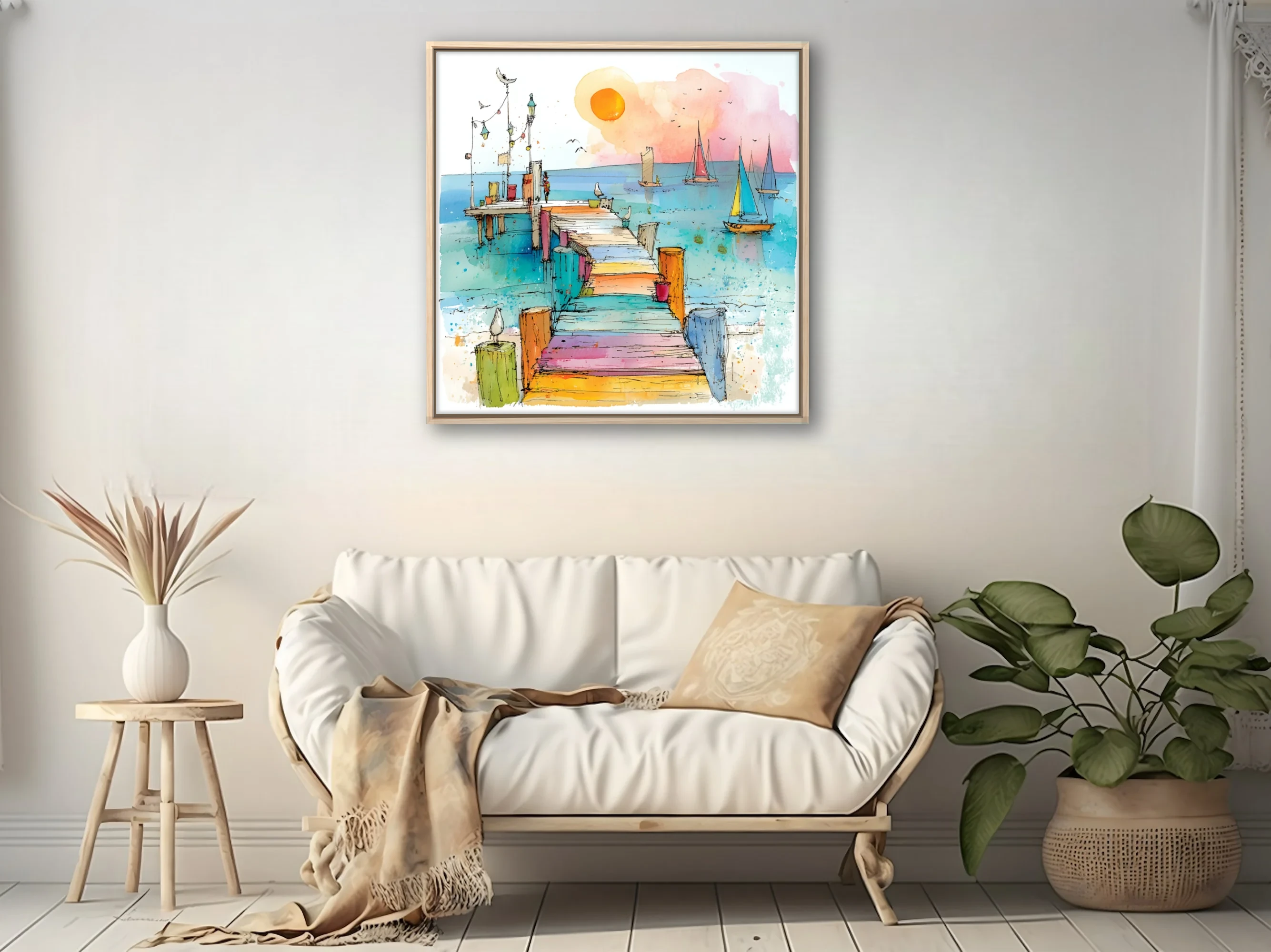 Colorful watercolor-style pier and sailboats sketch, intensely colored coastal scene