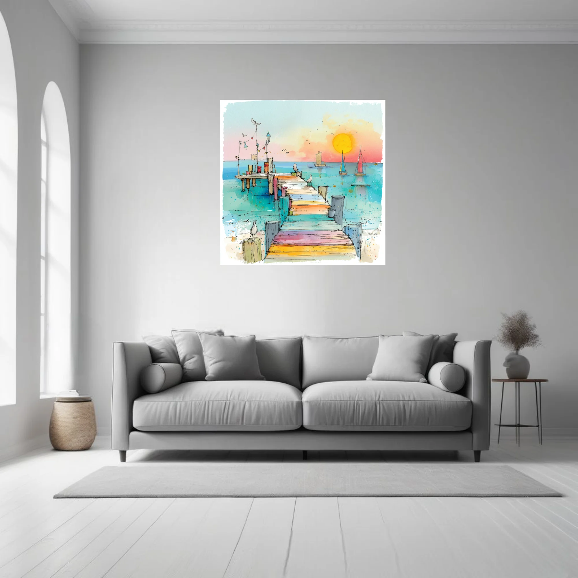 Watercolor-style harbour pier with sailboats, seabirds, and vibrant pastel summer palette