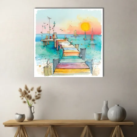 Watercolor-style harbour pier with sailboats, seabirds, and vibrant pastel summer palette
