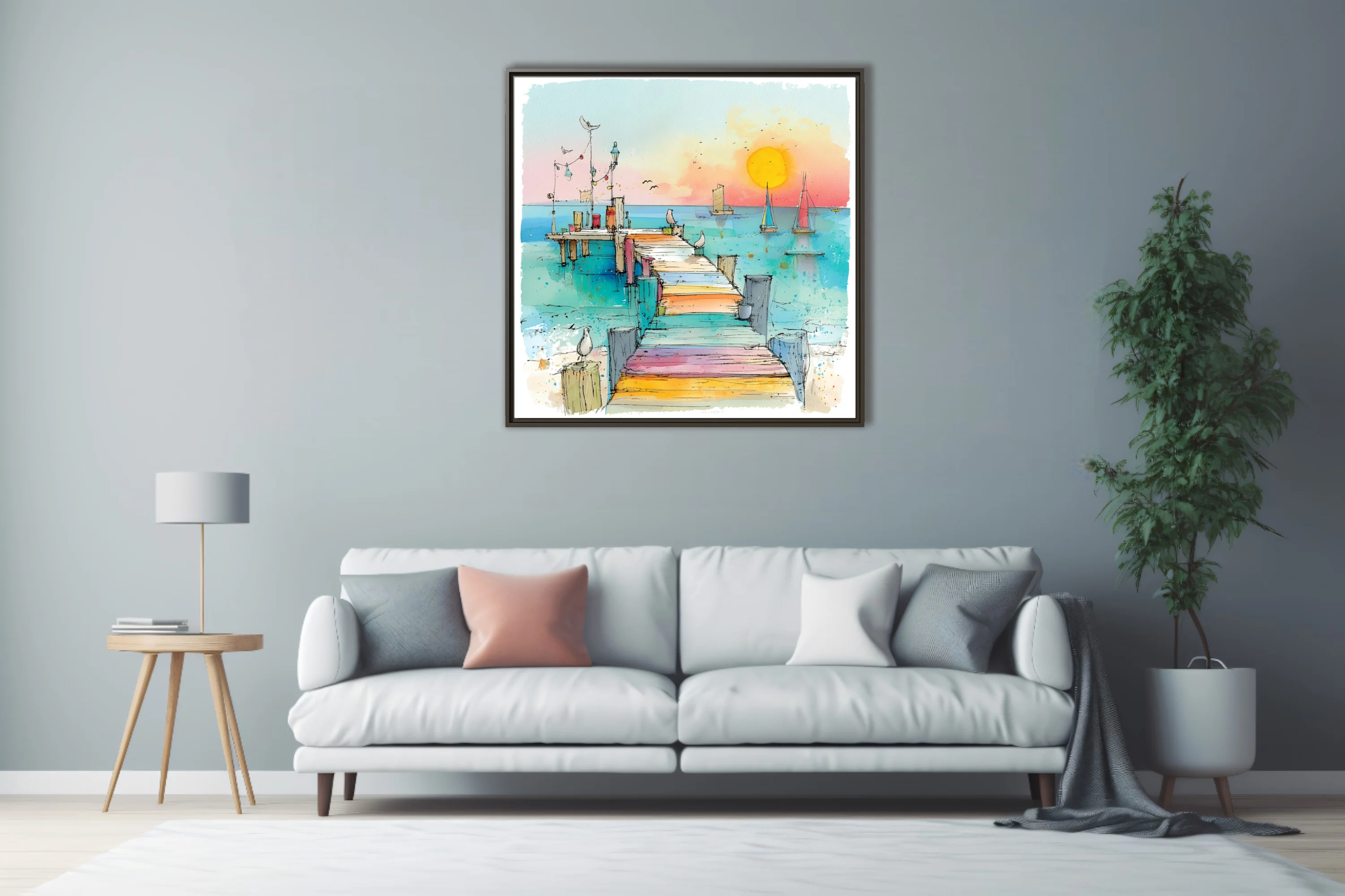 Watercolor-style harbour pier with sailboats, seabirds, and vibrant pastel summer palette