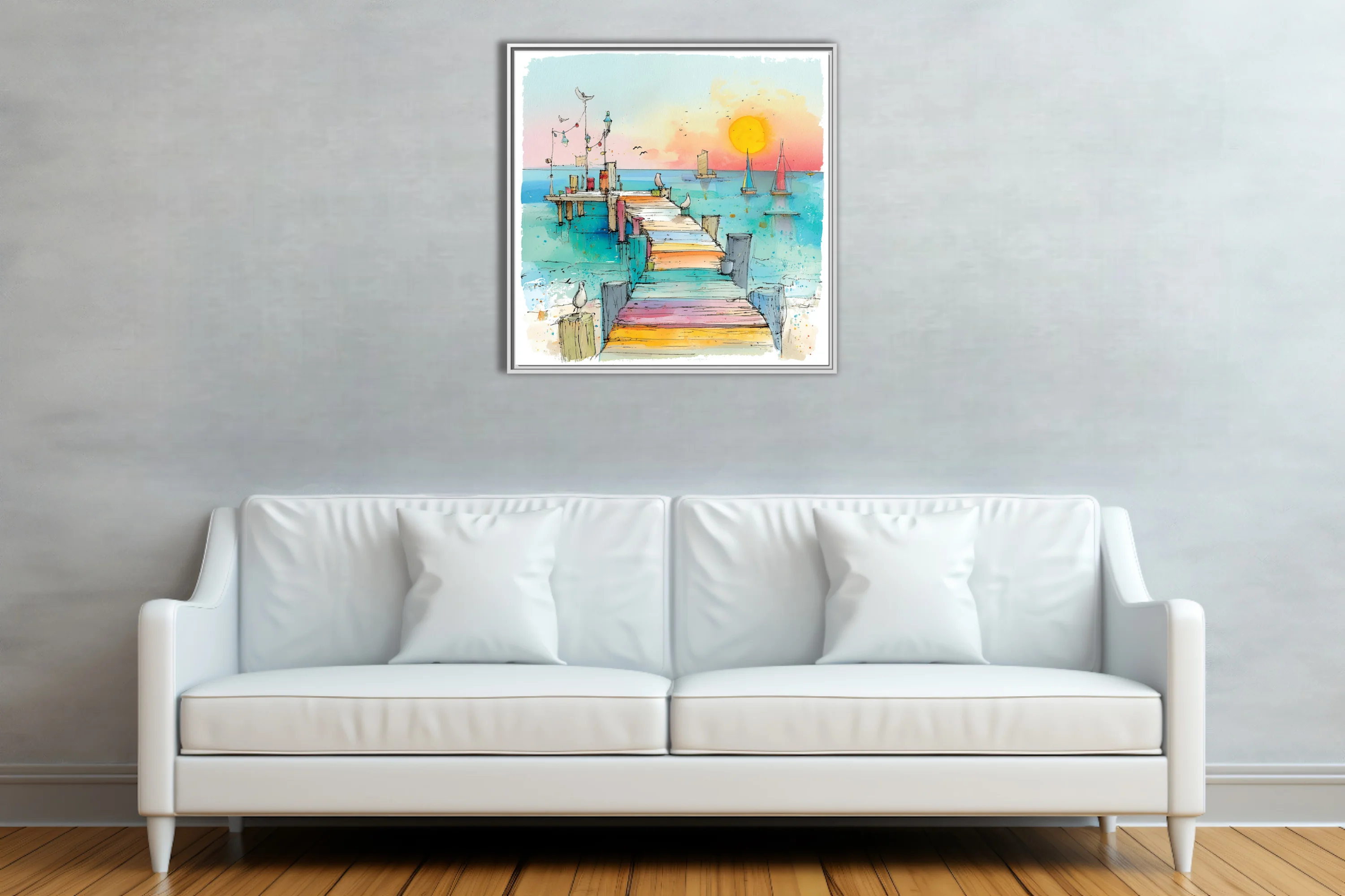 Watercolor-style harbour pier with sailboats, seabirds, and vibrant pastel summer palette