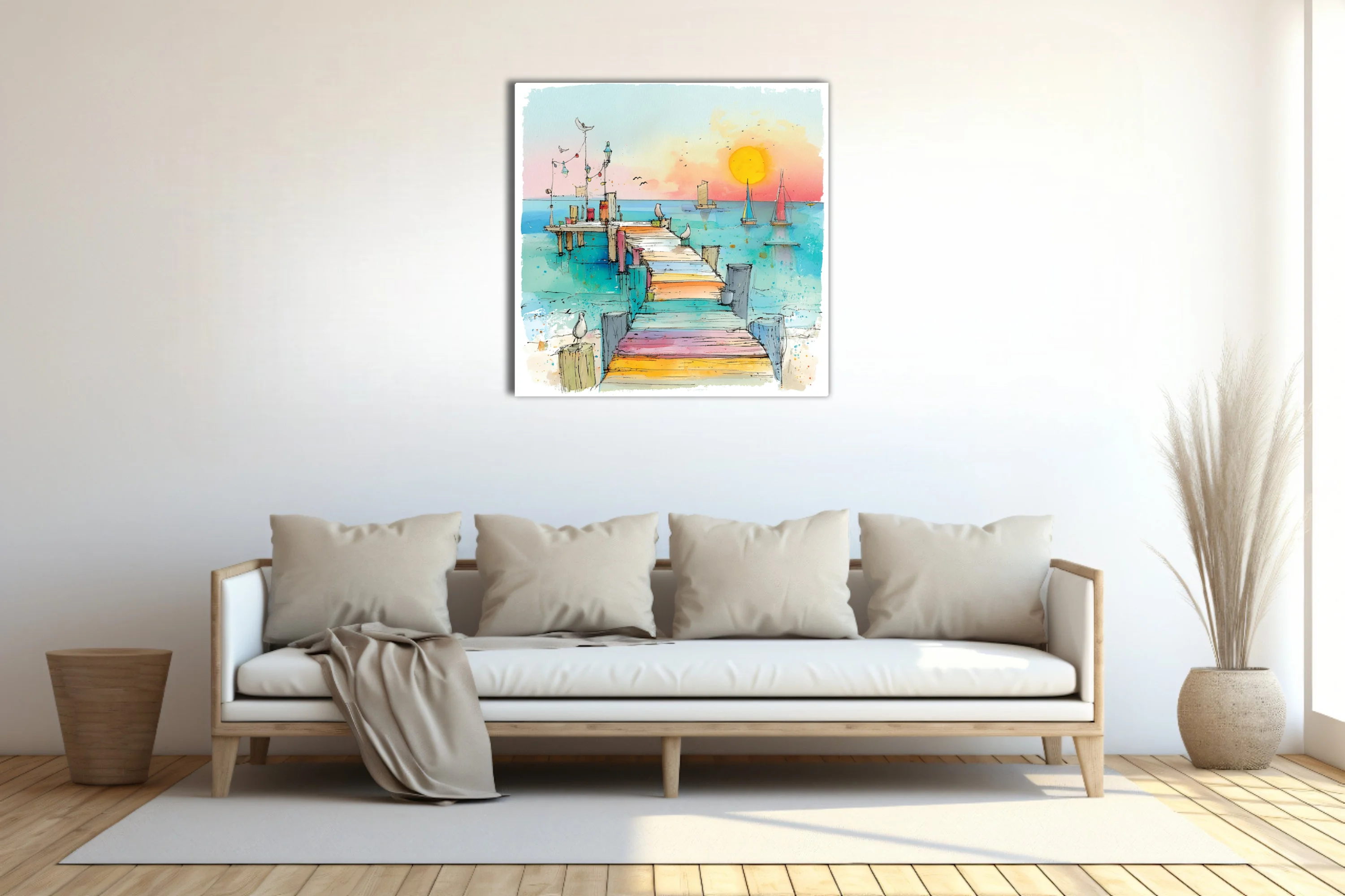 Watercolor-style harbour pier with sailboats, seabirds, and vibrant pastel summer palette