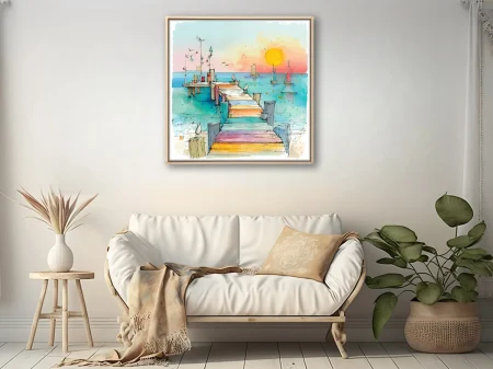 Watercolor-style harbour pier with sailboats, seabirds, and vibrant pastel summer palette