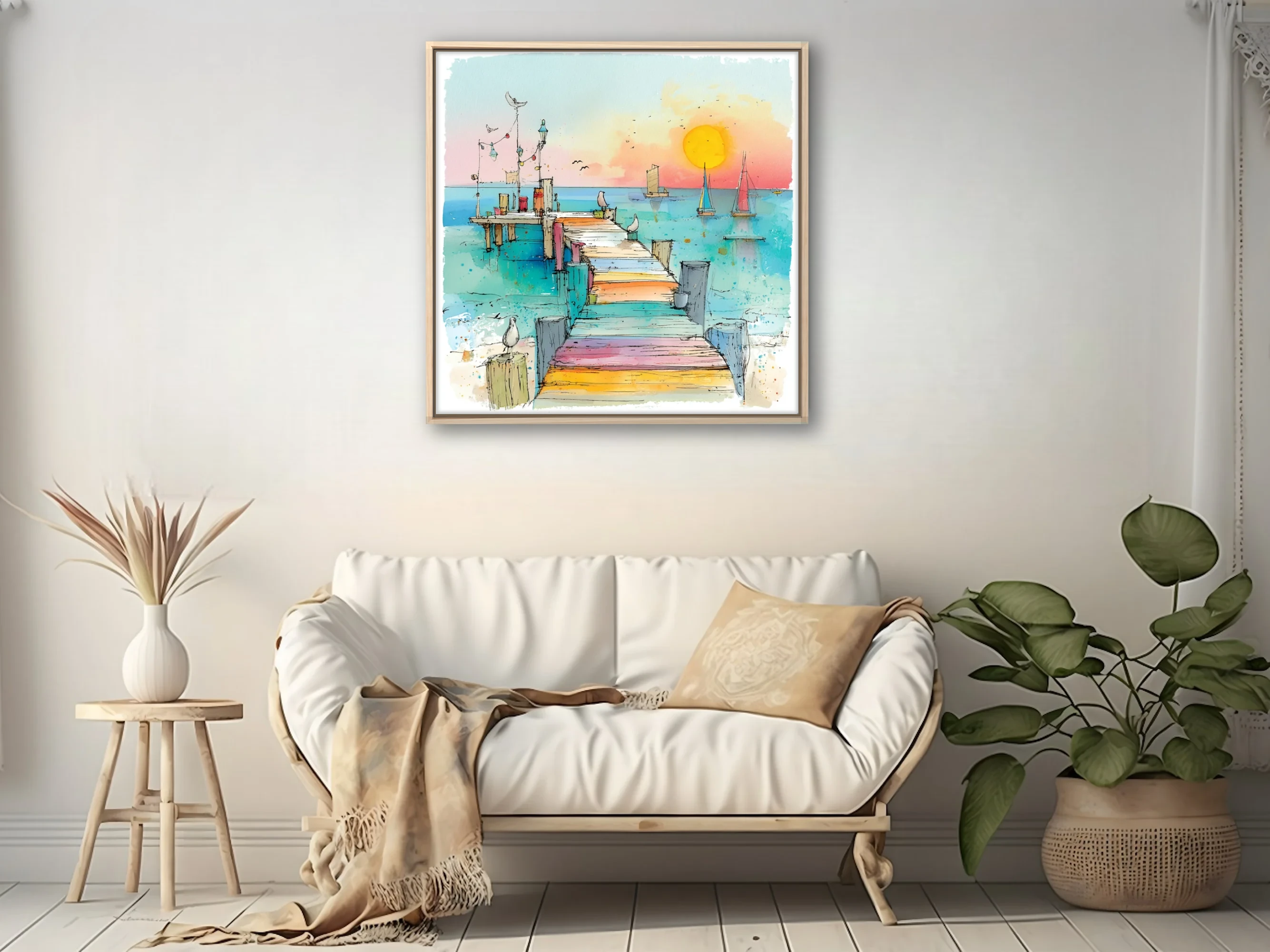 Watercolor-style harbour pier with sailboats, seabirds, and vibrant pastel summer palette