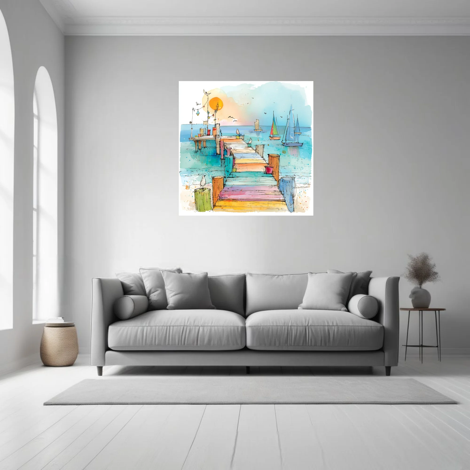 Watercolor-style ink sketch of colorful pier with sailboats and seabirds at sunrise