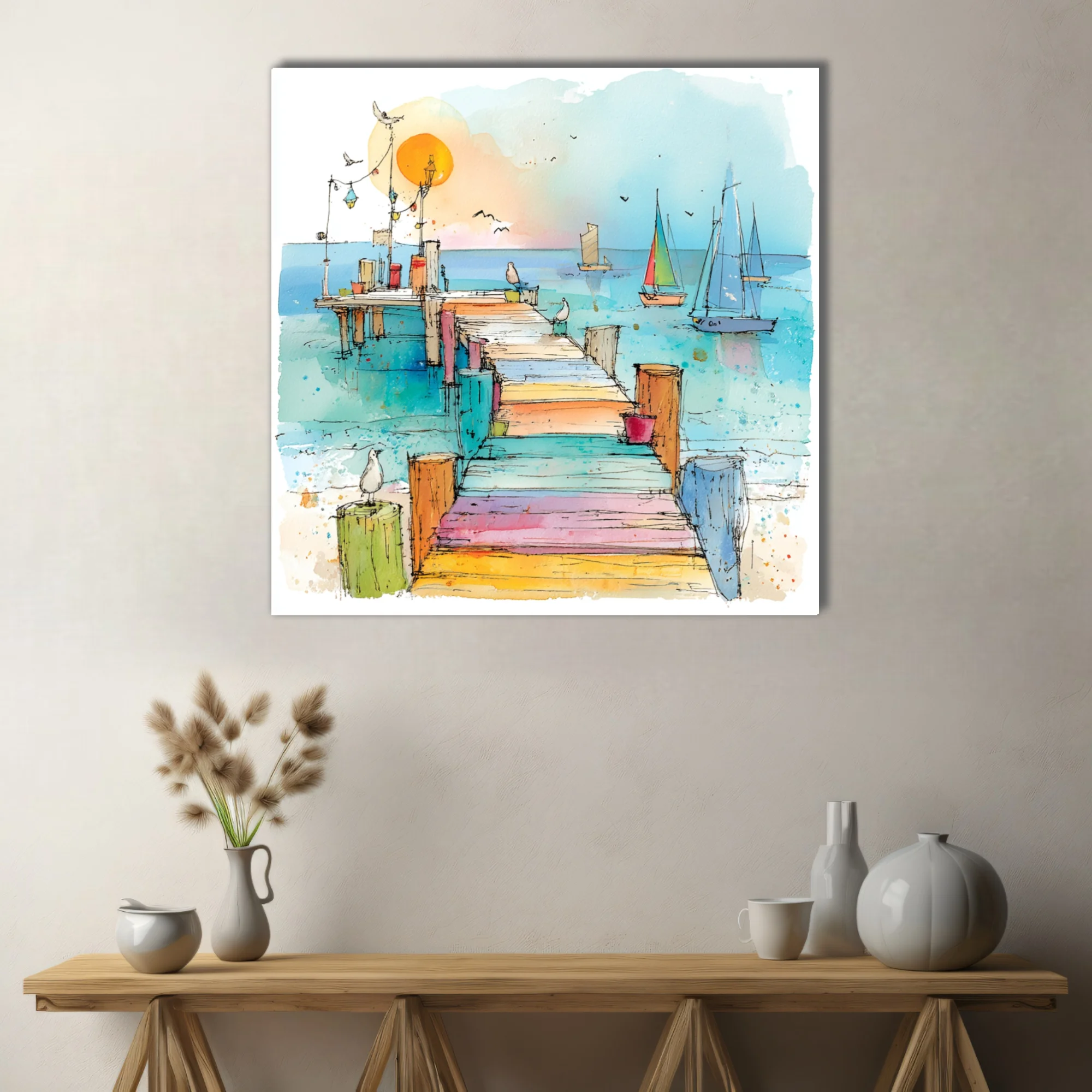 Watercolor-style ink sketch of colorful pier with sailboats and seabirds at sunrise