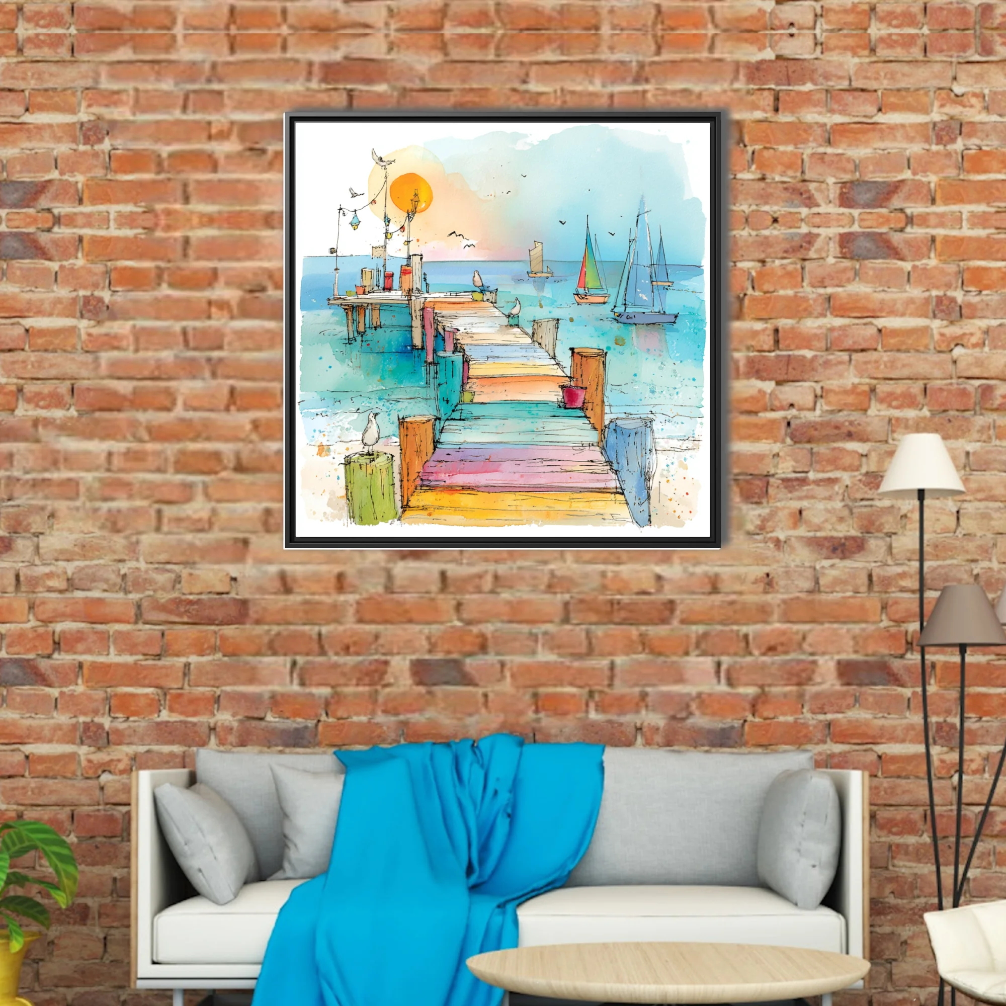 Watercolor-style ink sketch of colorful pier with sailboats and seabirds at sunrise