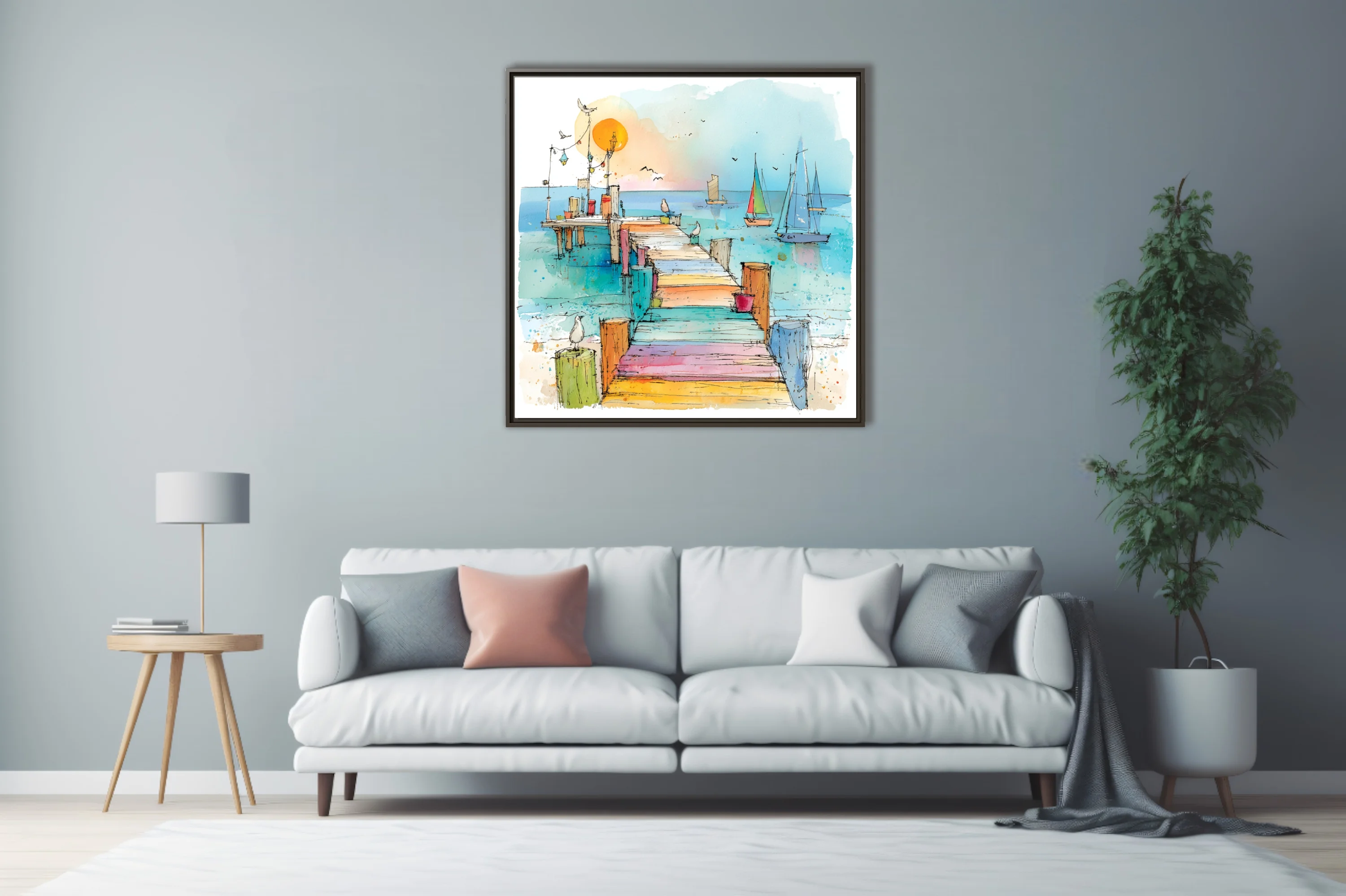 Watercolor-style ink sketch of colorful pier with sailboats and seabirds at sunrise