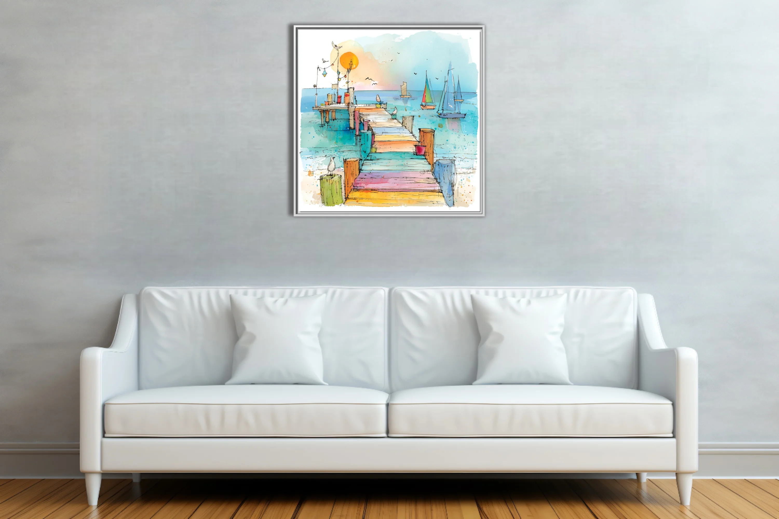Watercolor-style ink sketch of colorful pier with sailboats and seabirds at sunrise