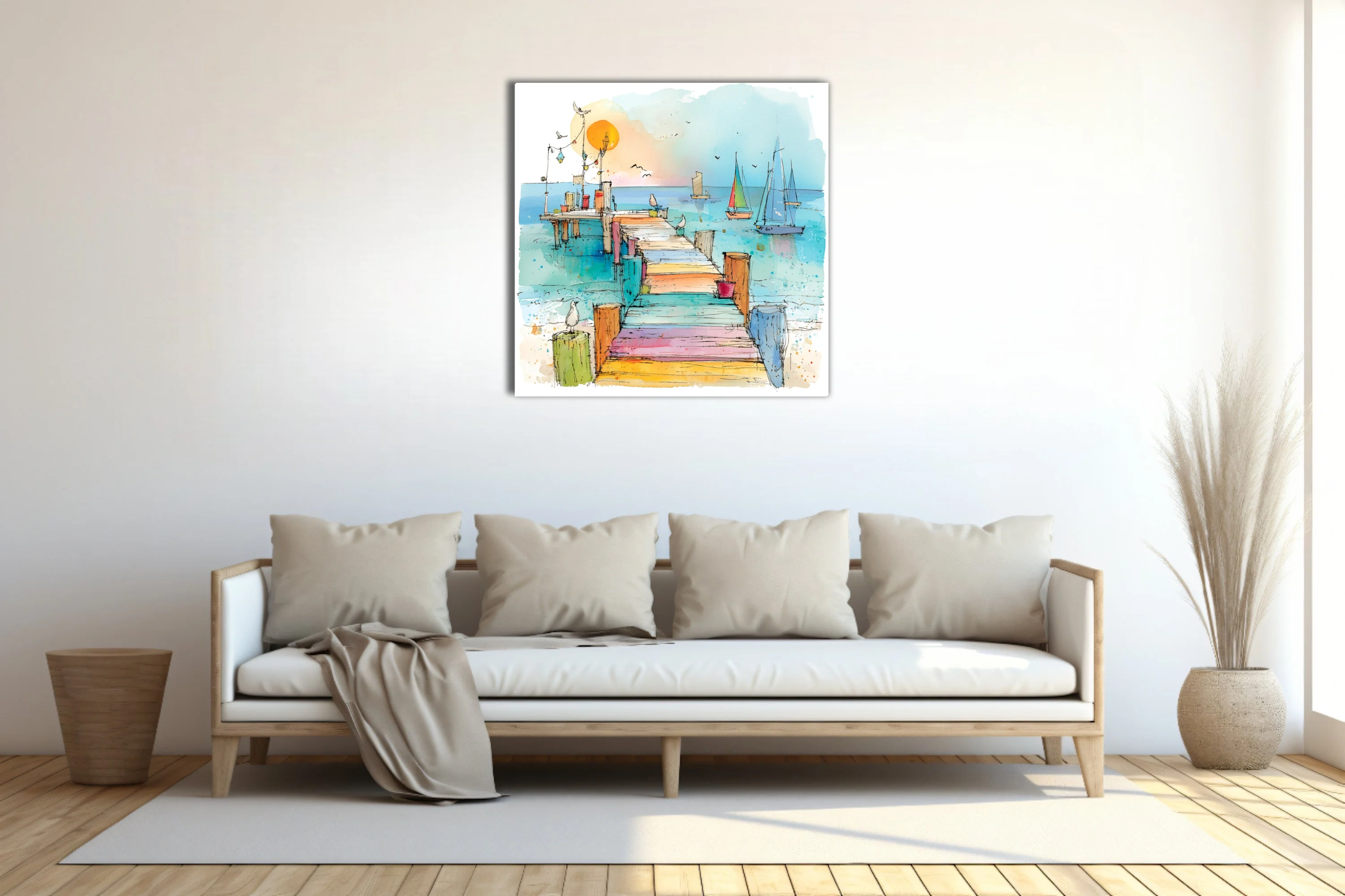Watercolor-style ink sketch of colorful pier with sailboats and seabirds at sunrise