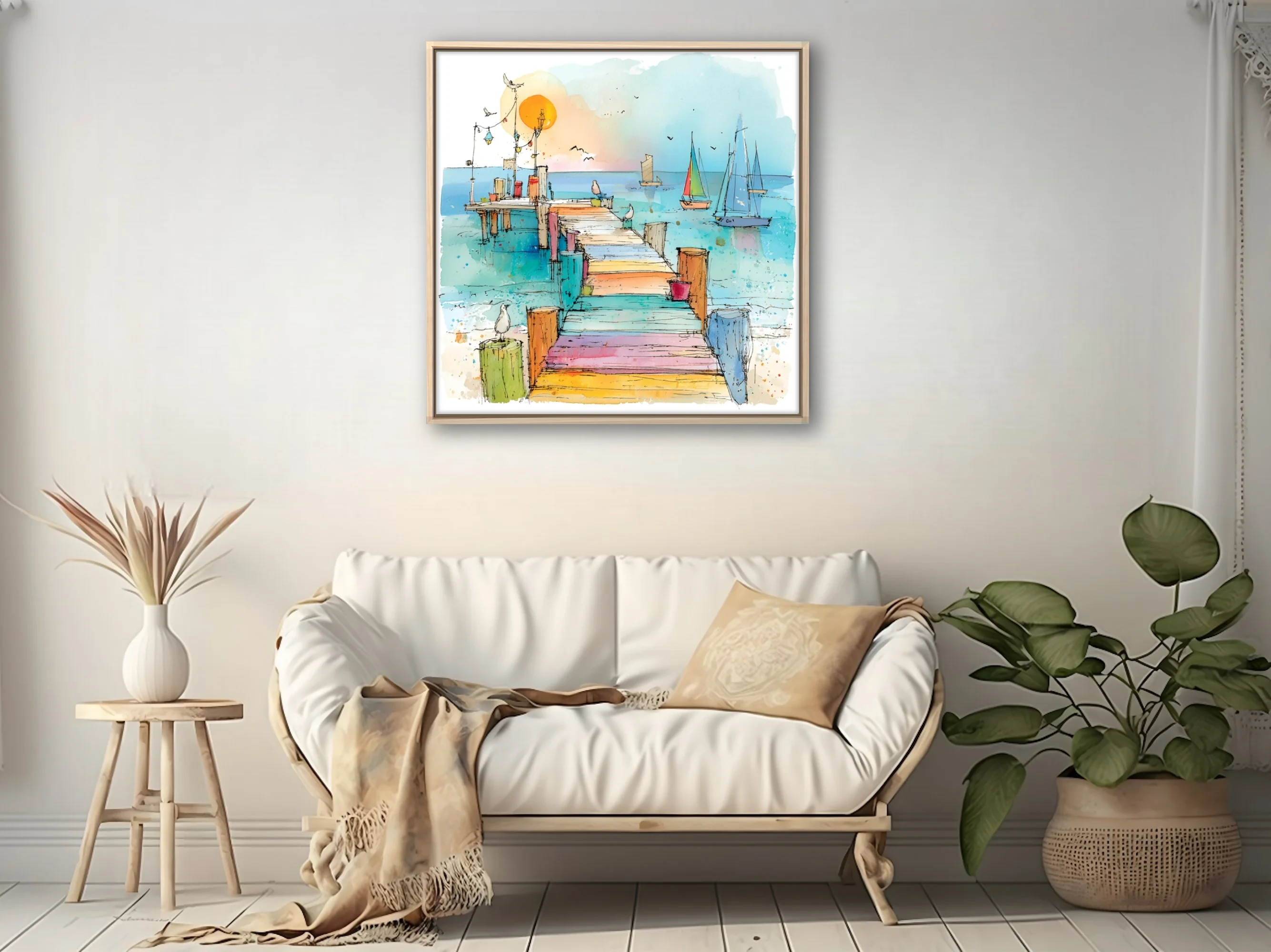 Watercolor-style ink sketch of colorful pier with sailboats and seabirds at sunrise