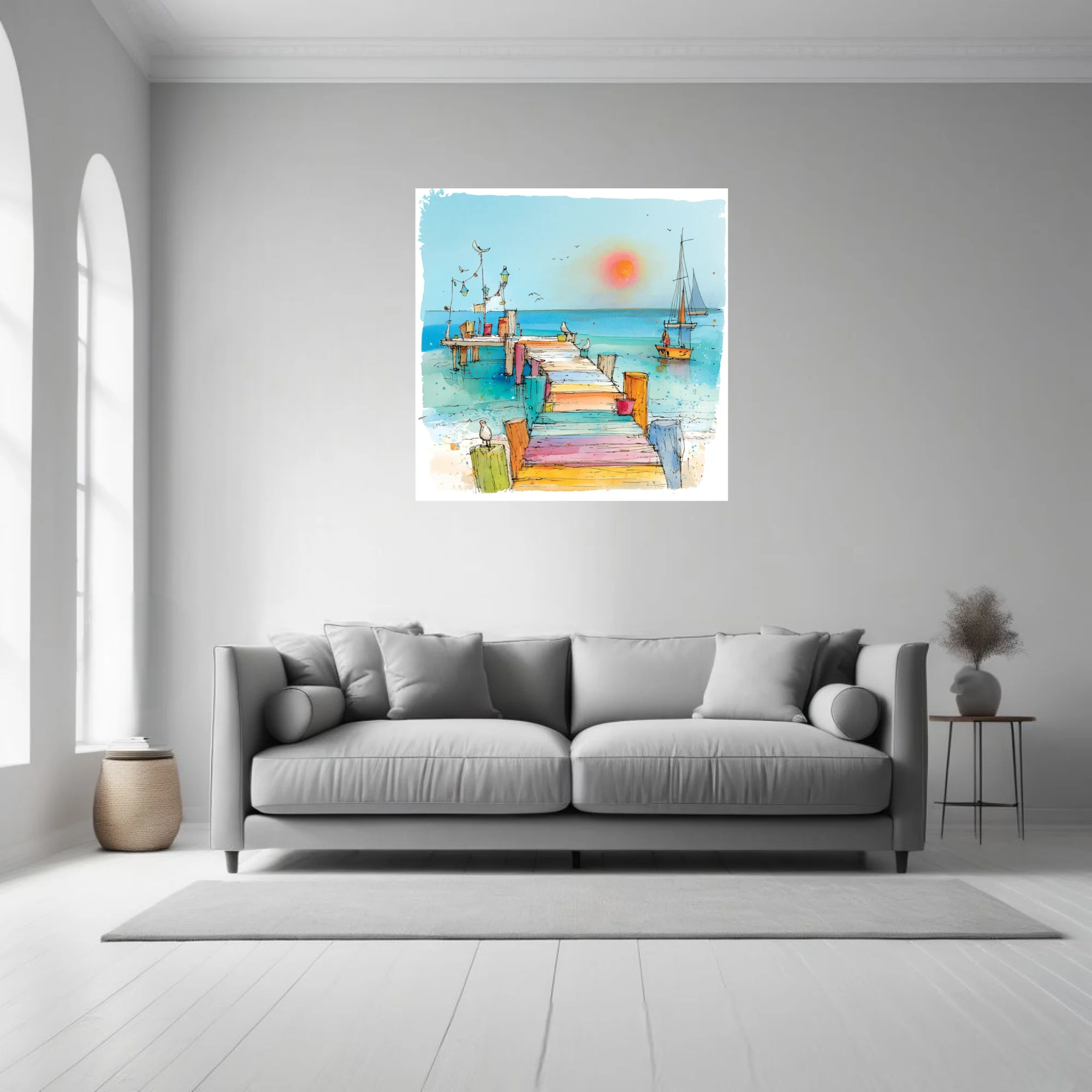Colorful ink-wash coastal pier scene with sailboats, seabirds, and pastel-toned boardwalk