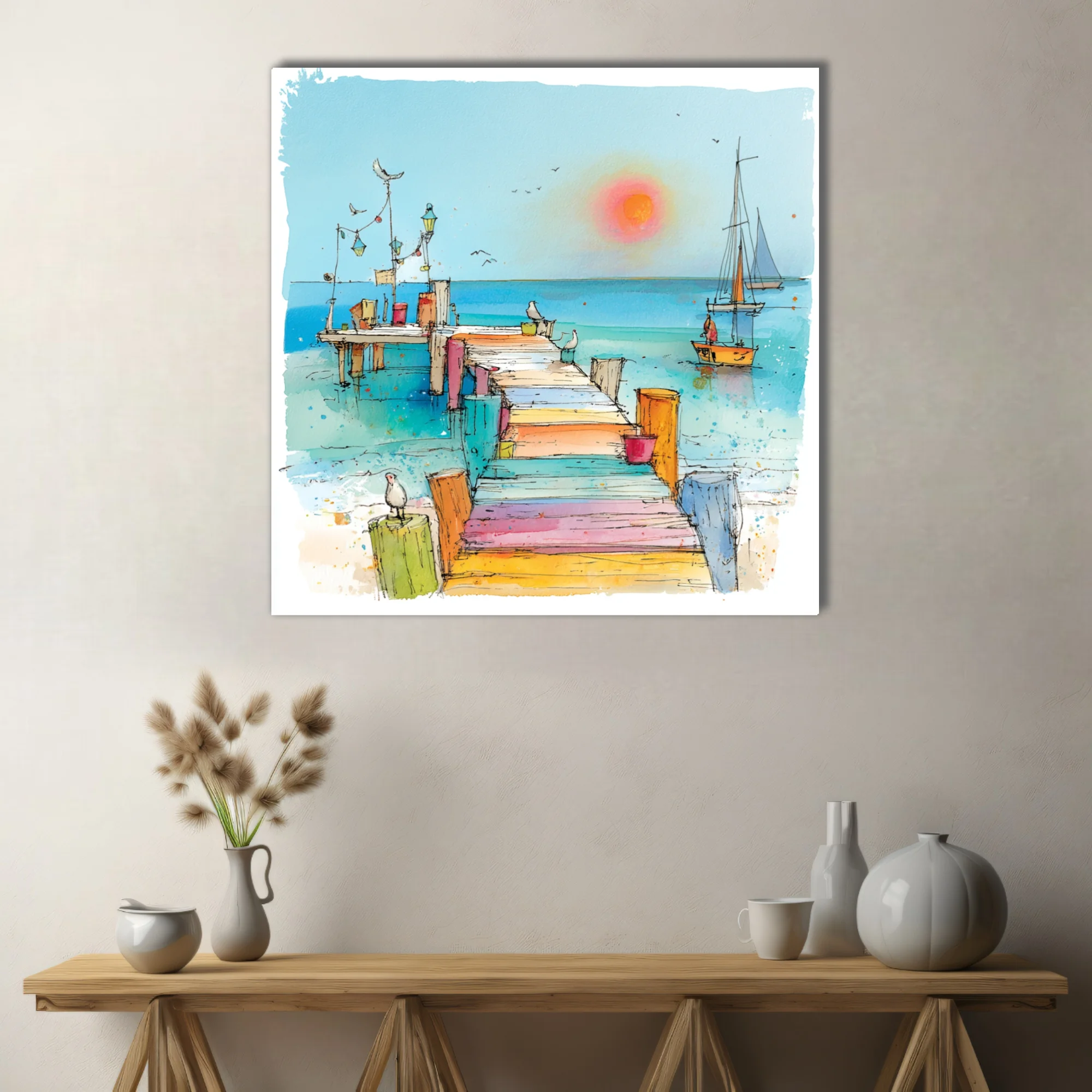 Colorful ink-wash coastal pier scene with sailboats, seabirds, and pastel-toned boardwalk