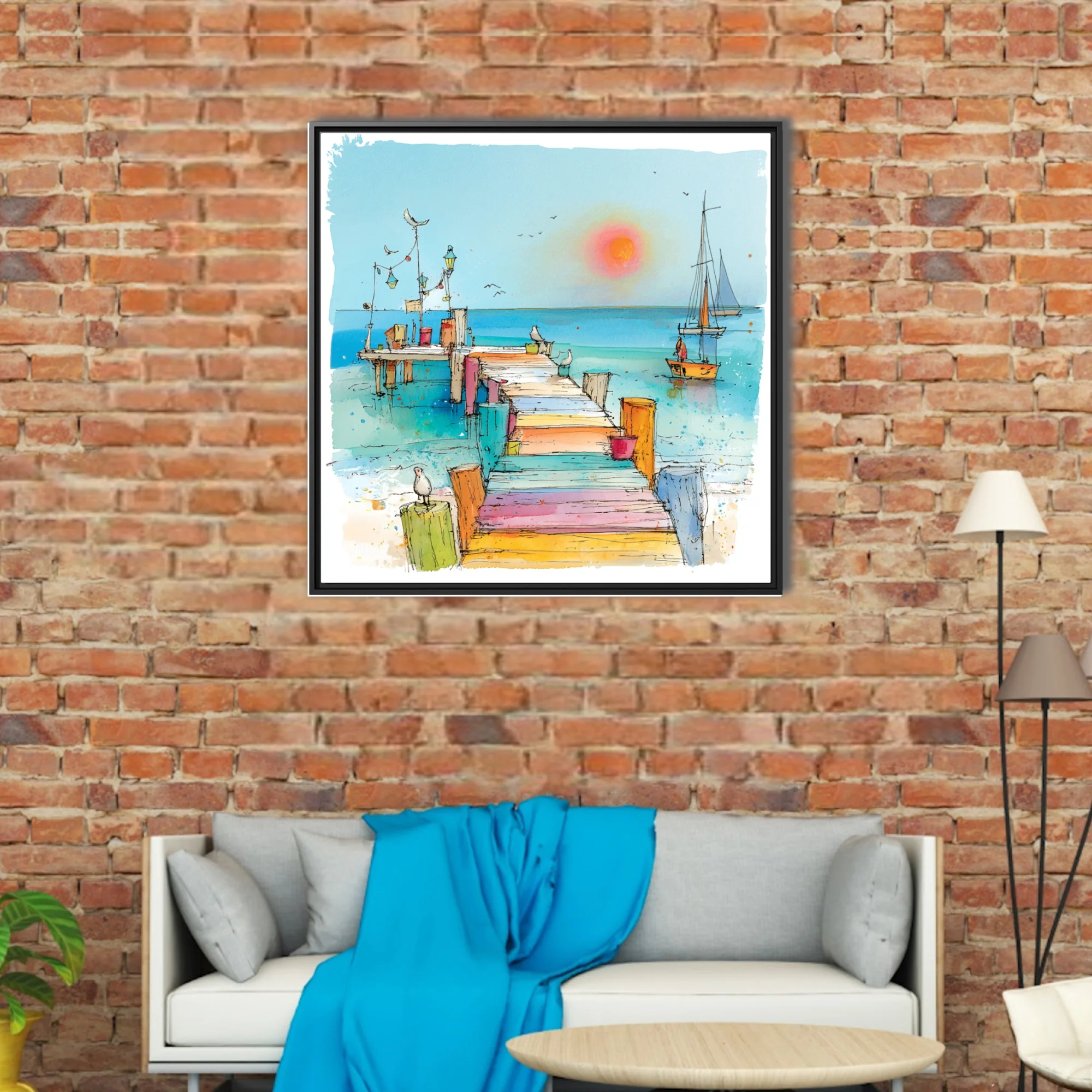 Colorful ink-wash coastal pier scene with sailboats, seabirds, and pastel-toned boardwalk