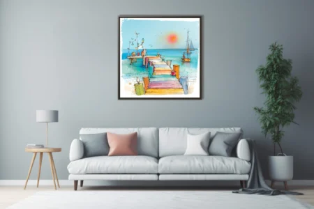 Colorful ink-wash coastal pier scene with sailboats, seabirds, and pastel-toned boardwalk