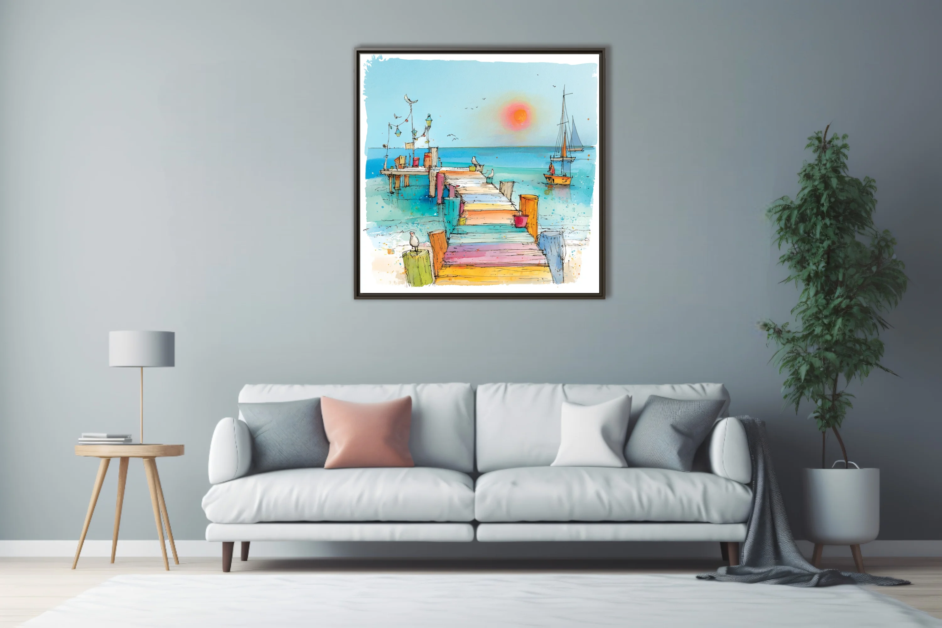 Colorful ink-wash coastal pier scene with sailboats, seabirds, and pastel-toned boardwalk