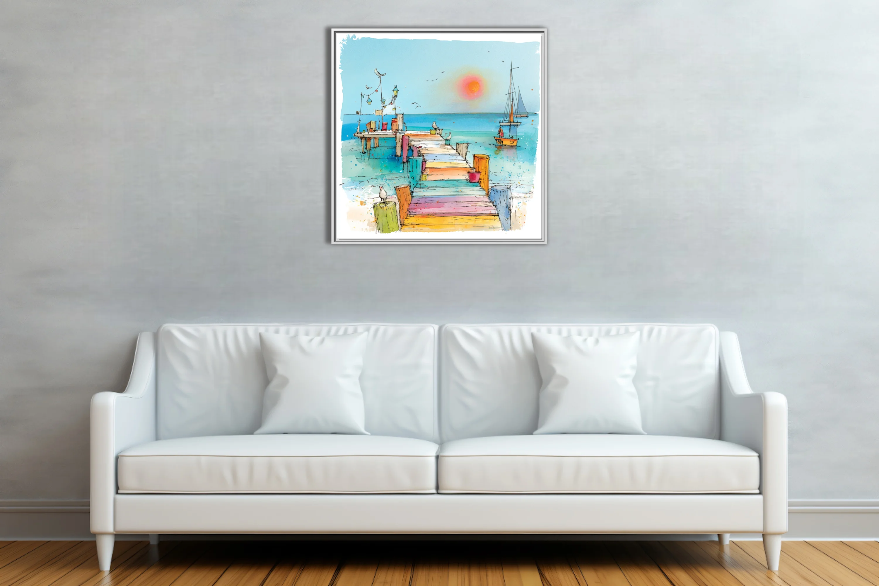 Colorful ink-wash coastal pier scene with sailboats, seabirds, and pastel-toned boardwalk