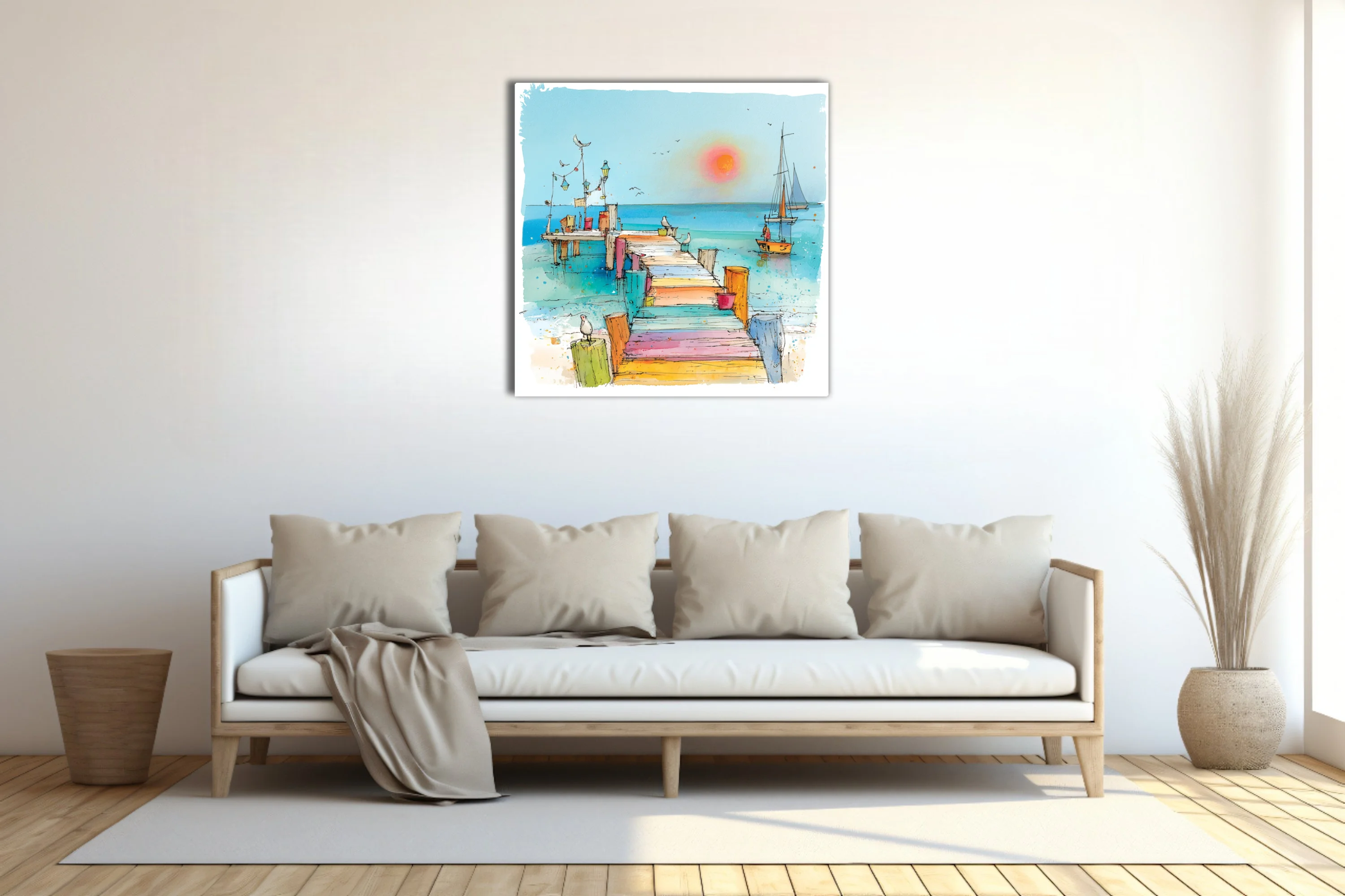 Colorful ink-wash coastal pier scene with sailboats, seabirds, and pastel-toned boardwalk