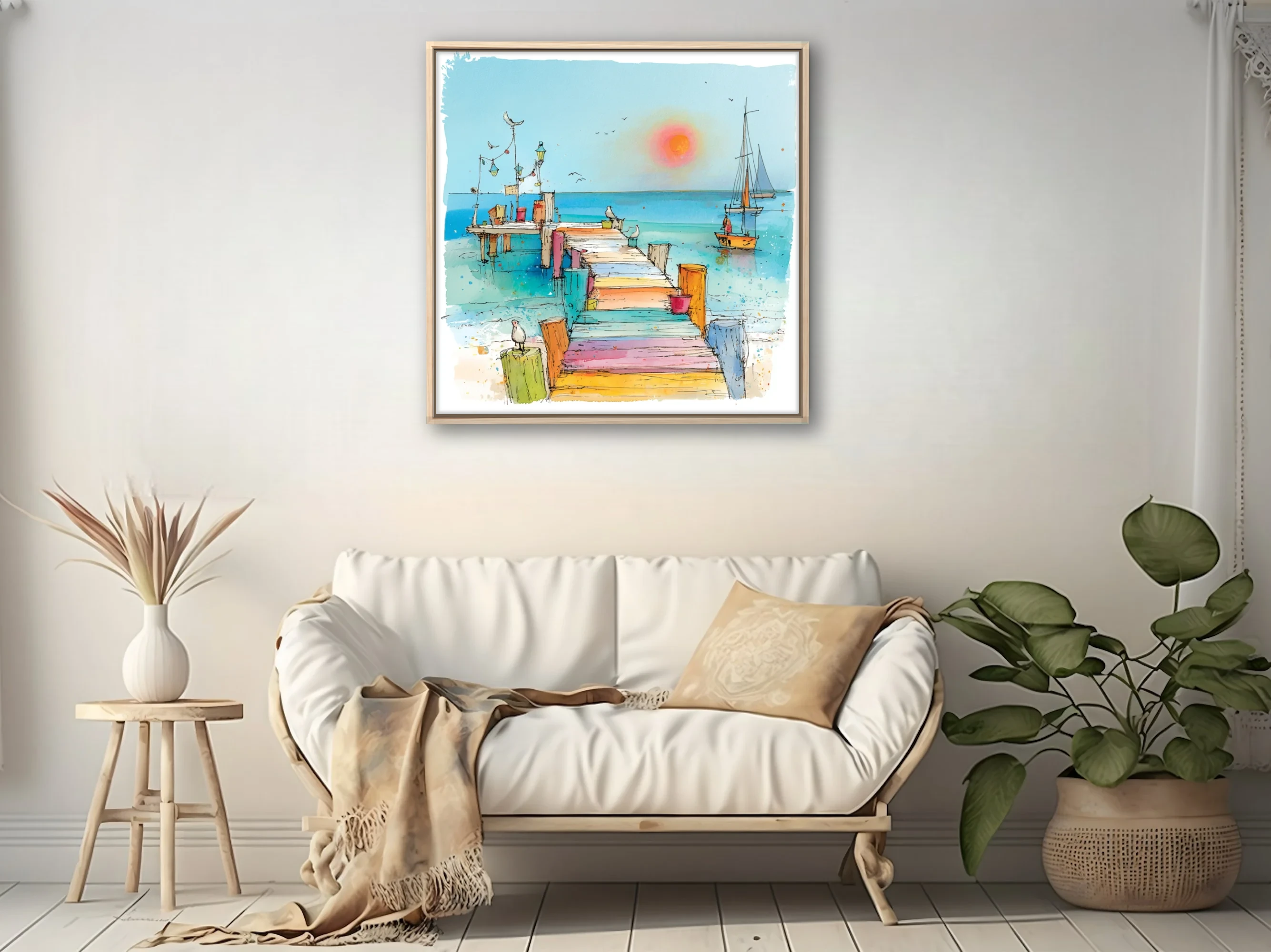 Colorful ink-wash coastal pier scene with sailboats, seabirds, and pastel-toned boardwalk