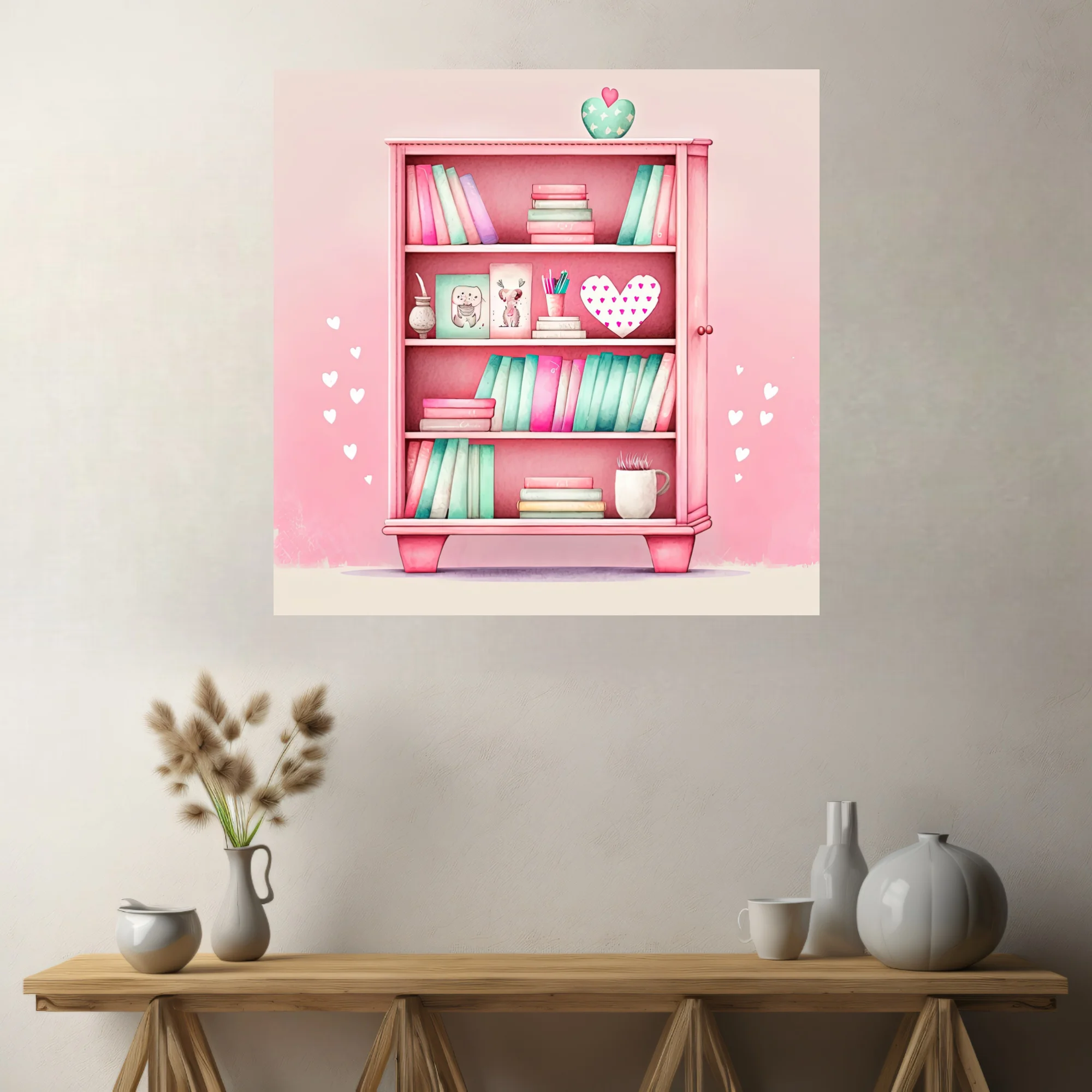 Pastel pink watercolor-style bookcase illustration with mint books and heart accents