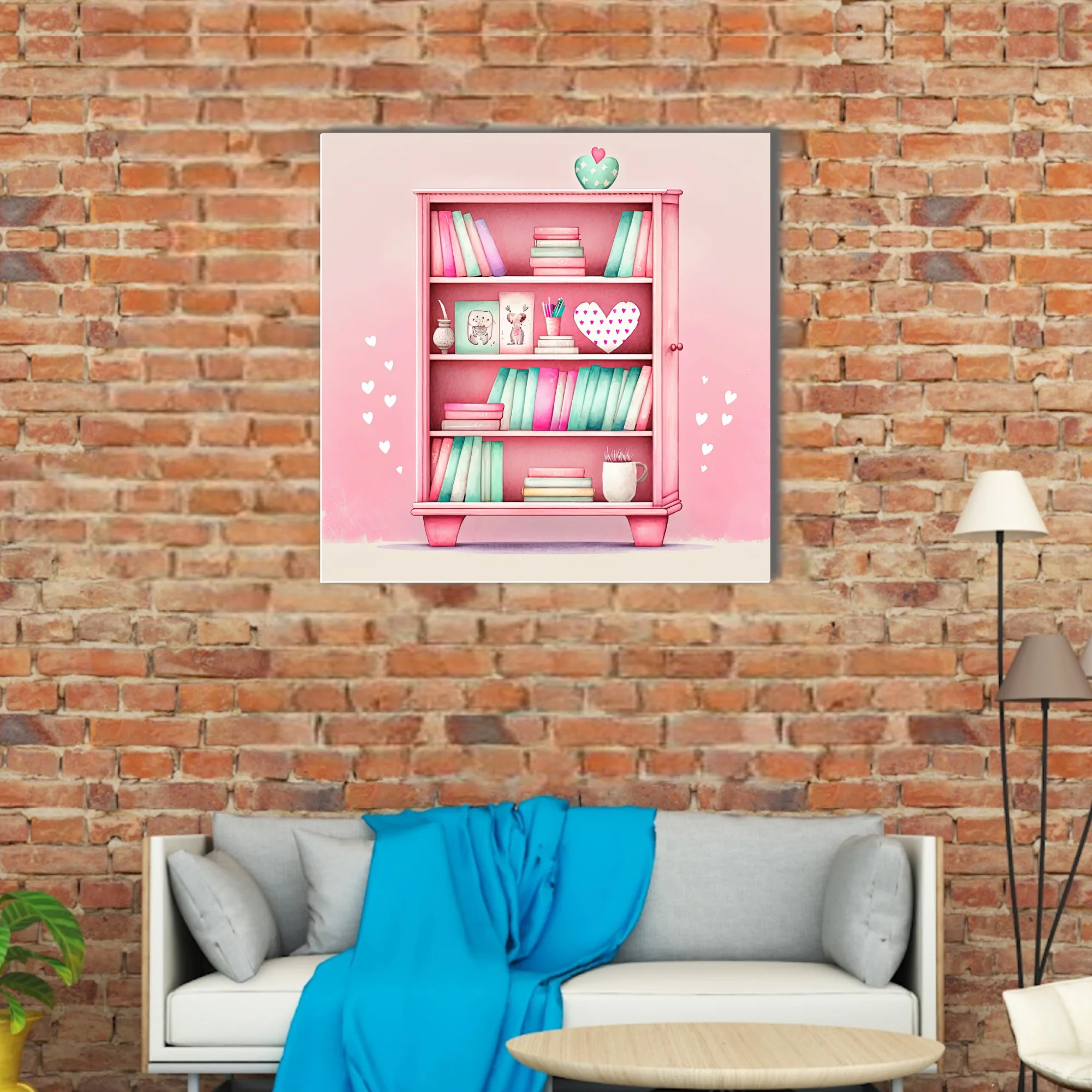 Pastel pink watercolor-style bookcase illustration with mint books and heart accents