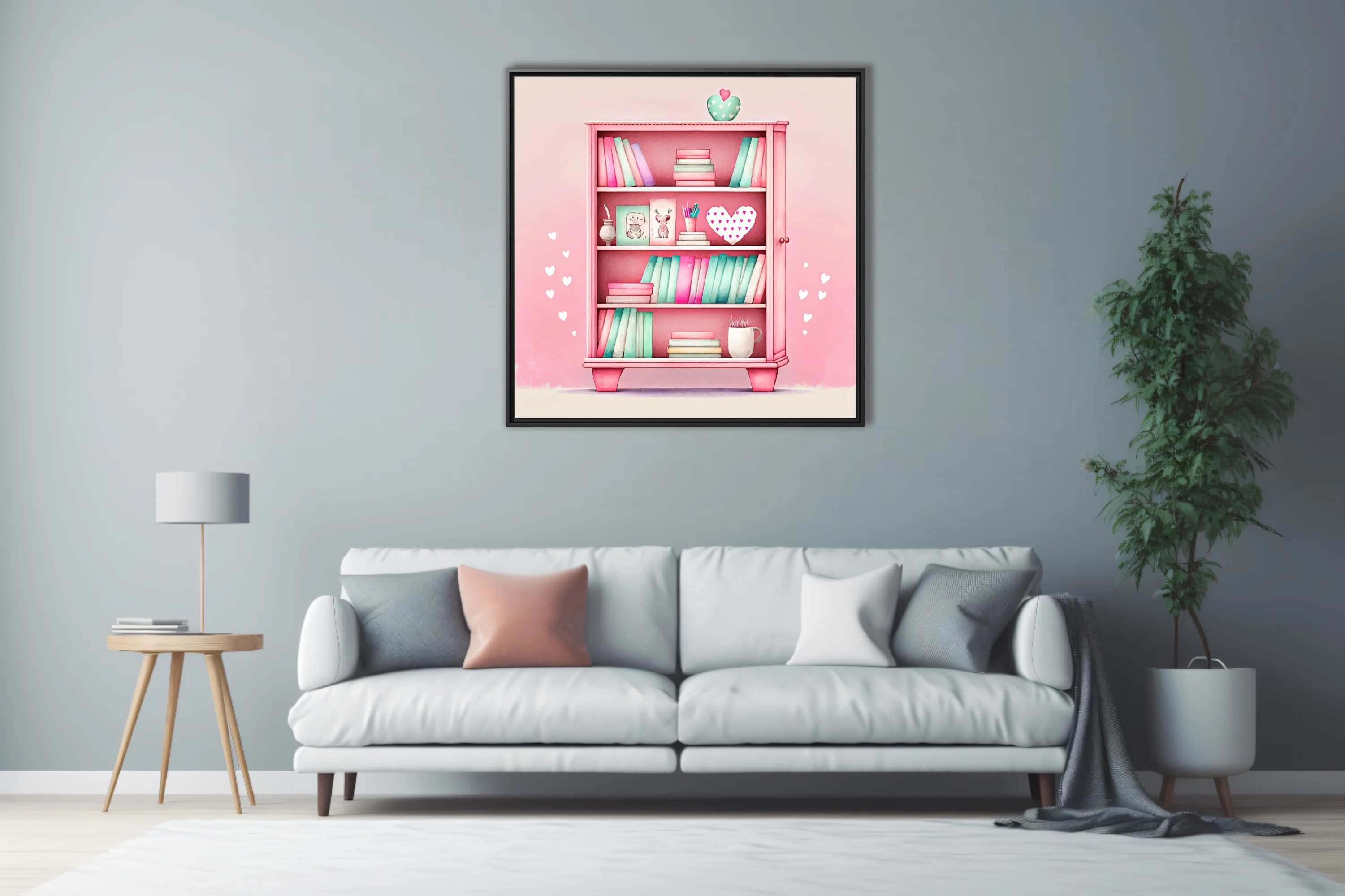 Pastel pink watercolor-style bookcase illustration with mint books and heart accents
