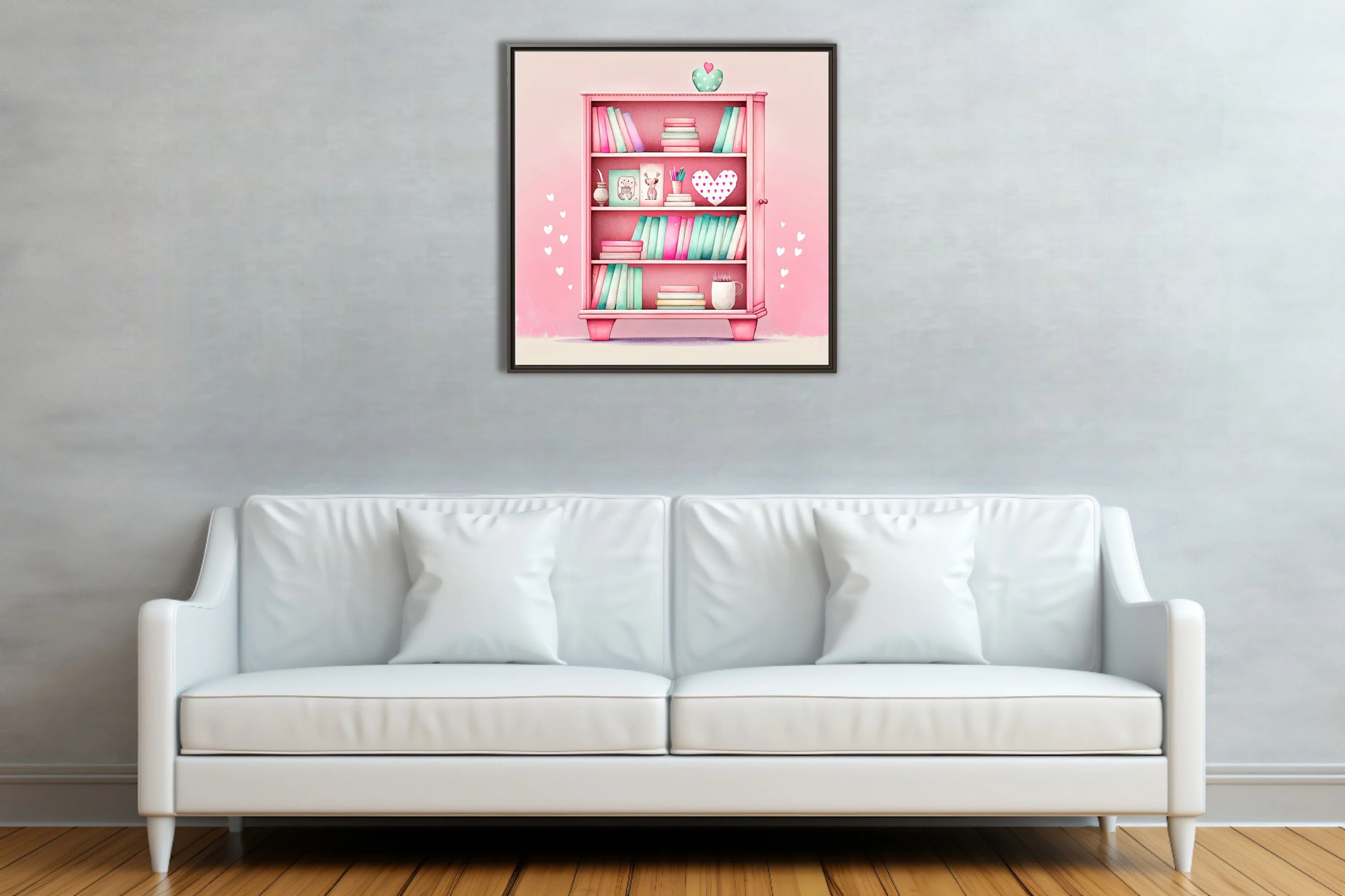 Pastel pink watercolor-style bookcase illustration with mint books and heart accents