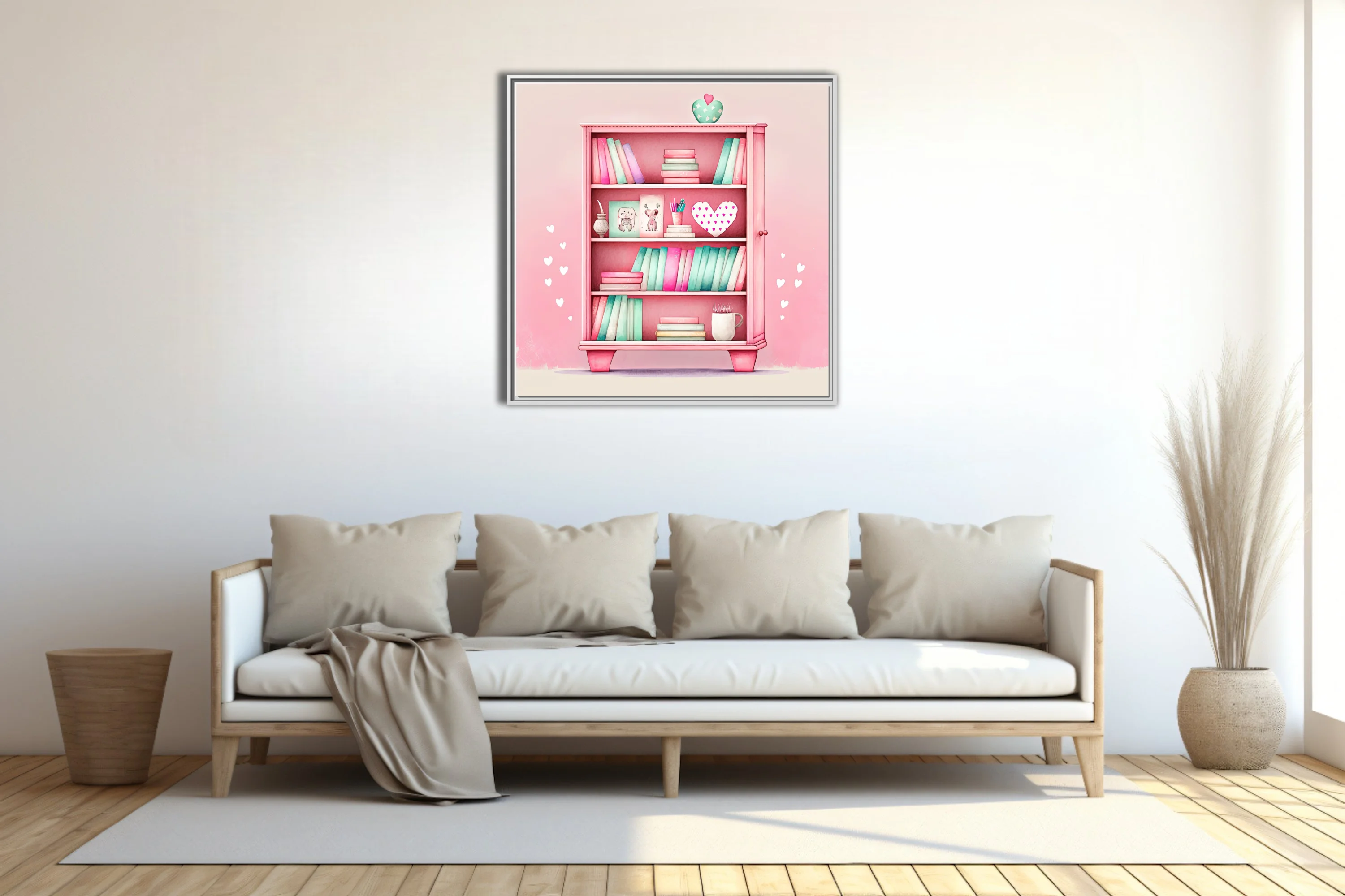 Pastel pink watercolor-style bookcase illustration with mint books and heart accents