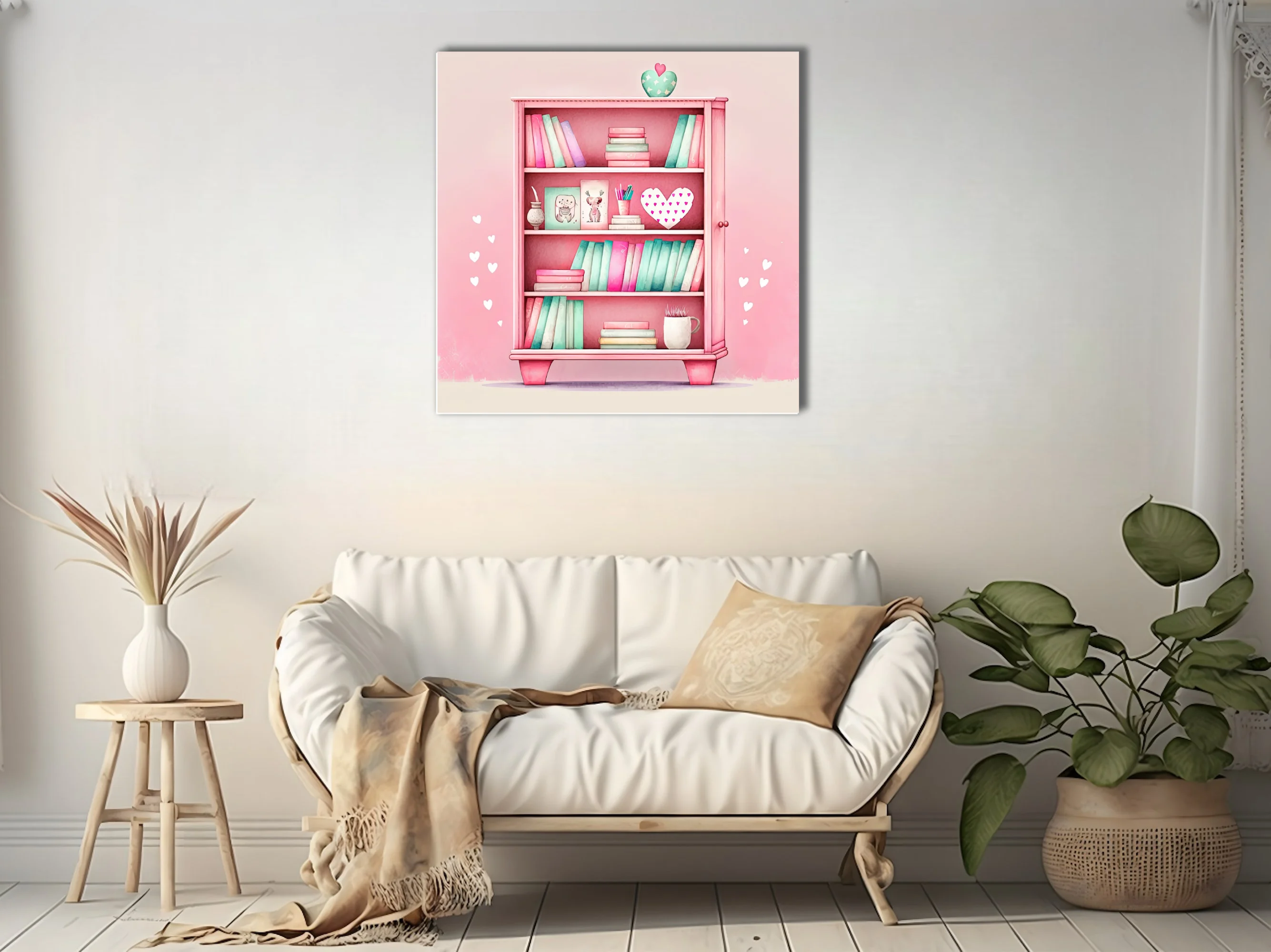 Pastel pink watercolor-style bookcase illustration with mint books and heart accents