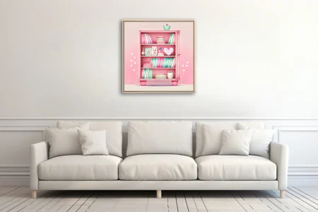Pastel pink watercolor-style bookcase illustration with mint books and heart accents