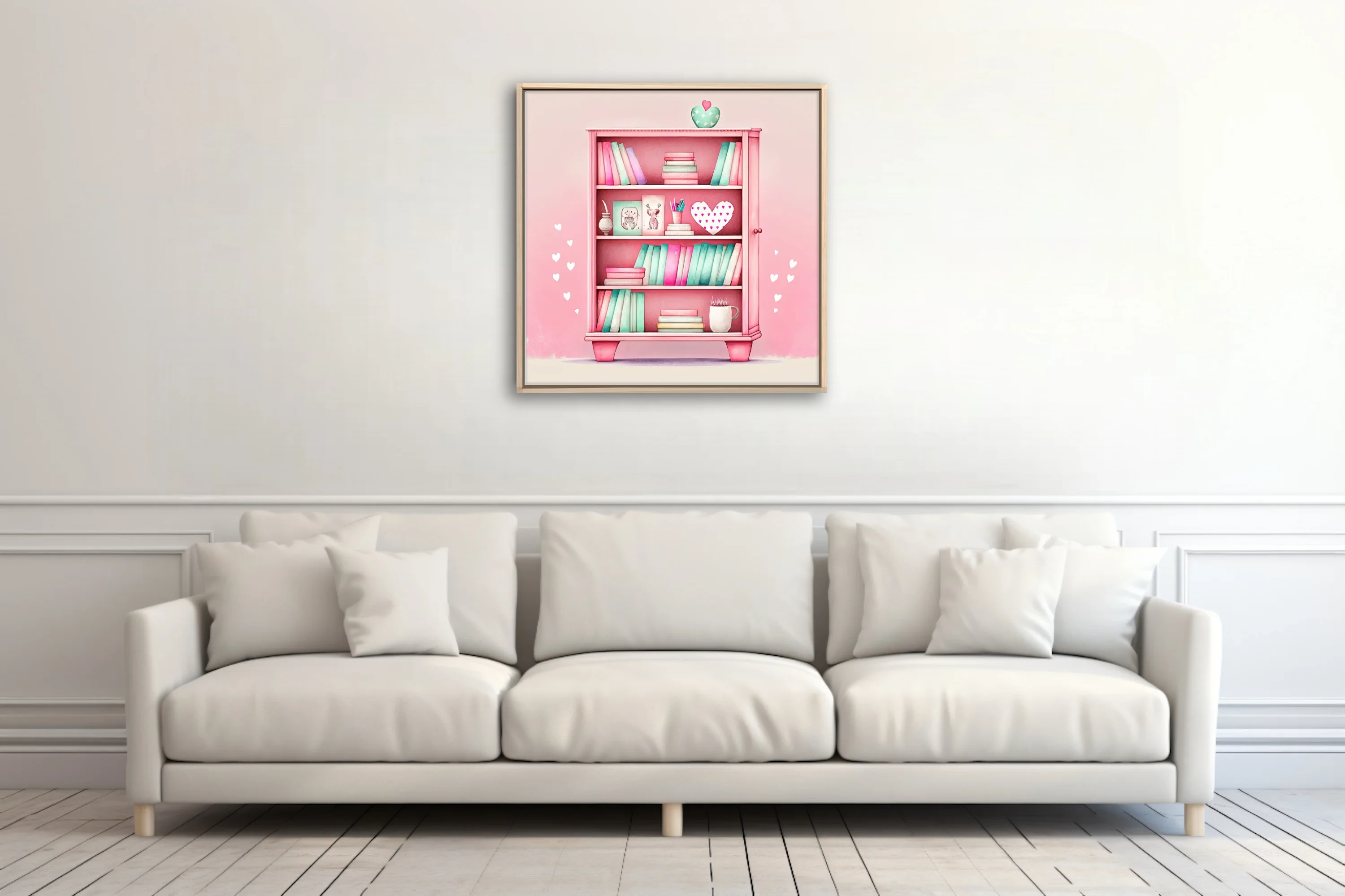 Pastel pink watercolor-style bookcase illustration with mint books and heart accents