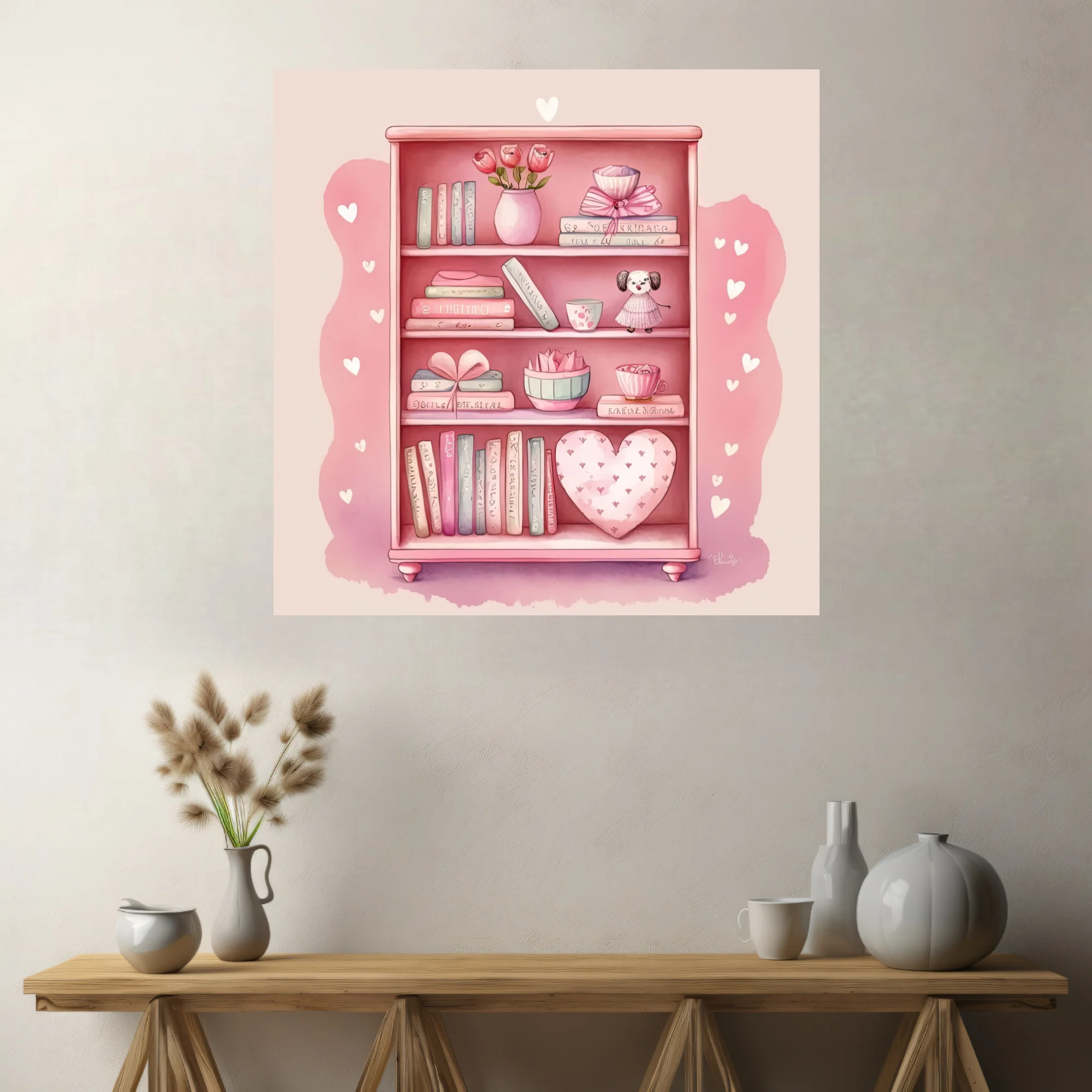 Watercolor-style pink bookcase illustration with books, florals, and heart motifs