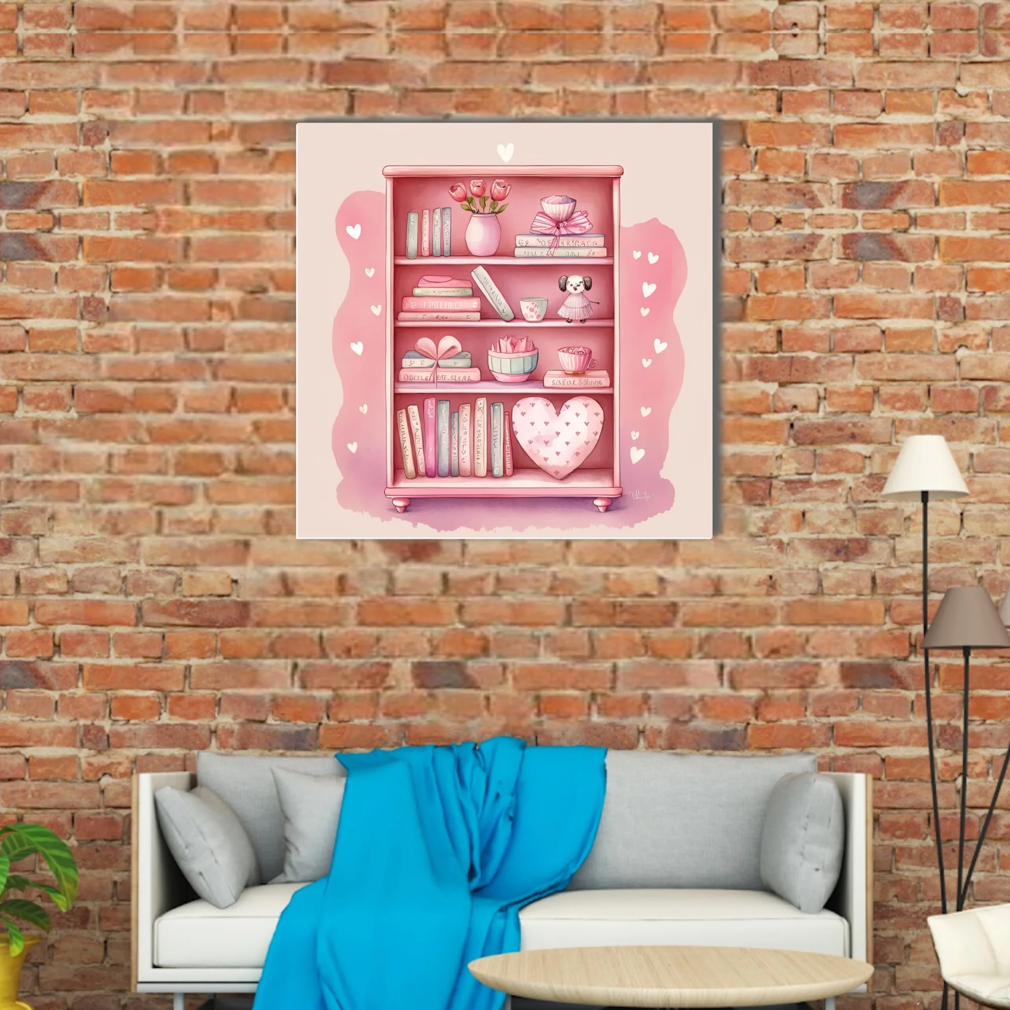 Watercolor-style pink bookcase illustration with books, florals, and heart motifs