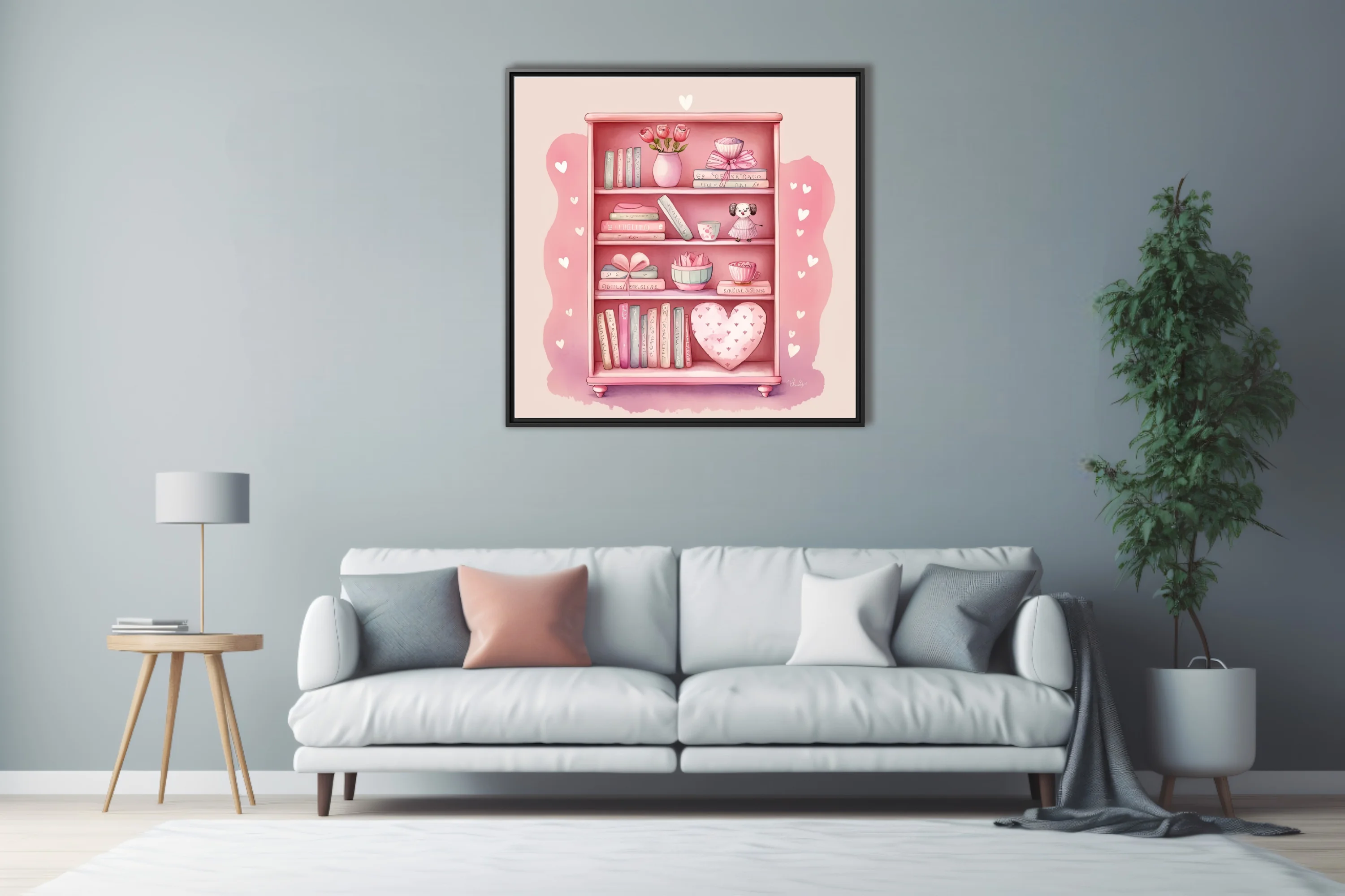 Watercolor-style pink bookcase illustration with books, florals, and heart motifs