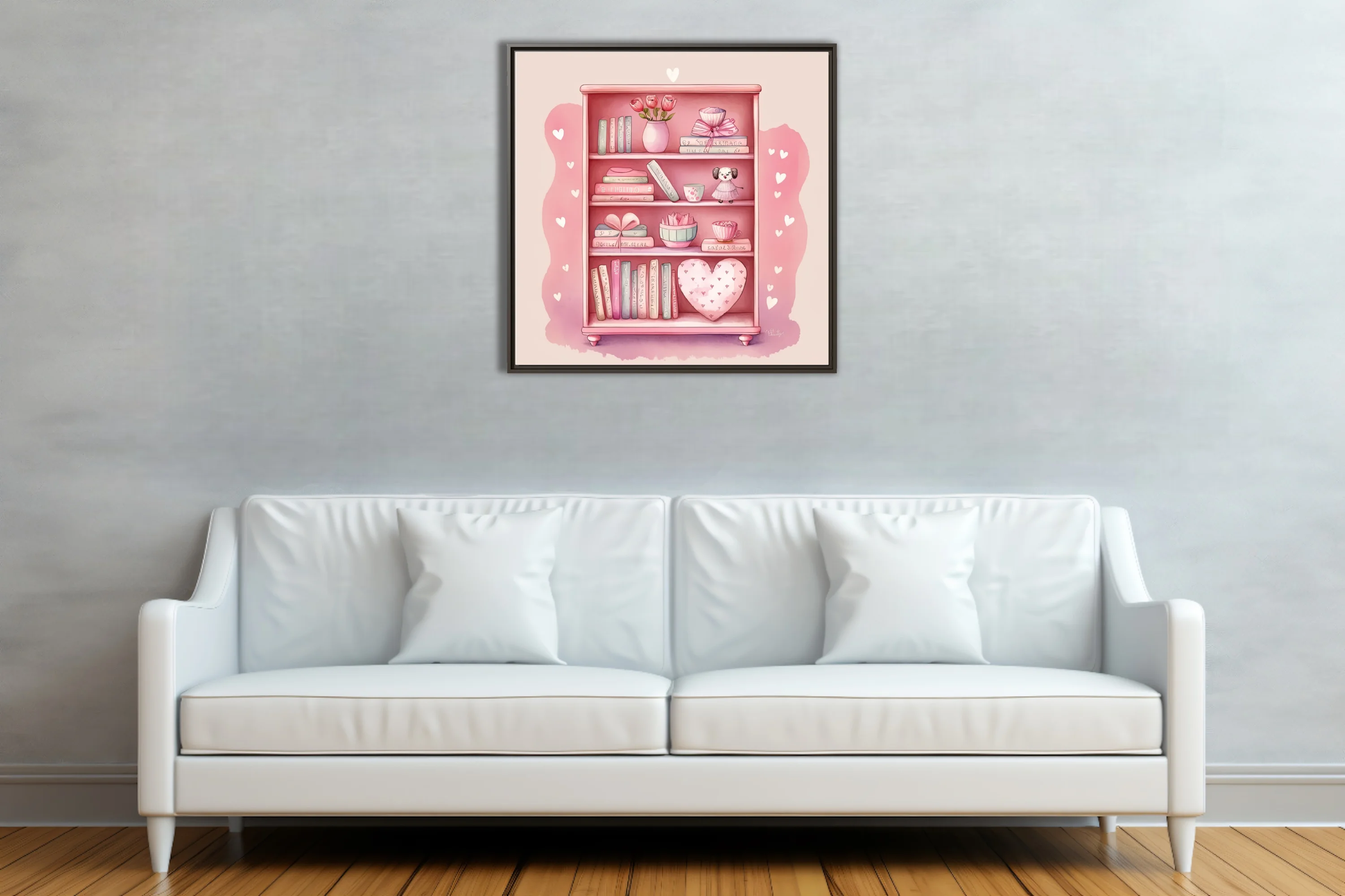 Watercolor-style pink bookcase illustration with books, florals, and heart motifs