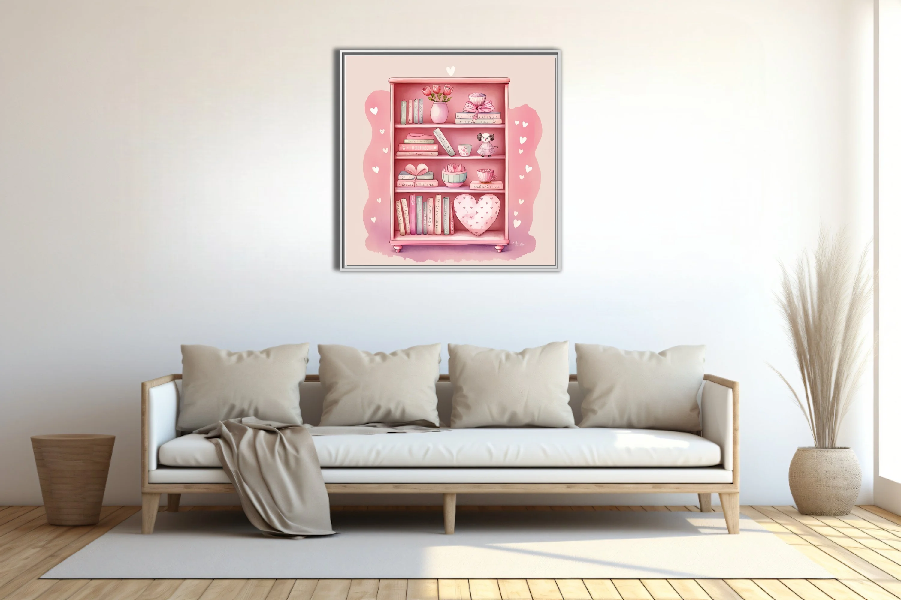 Watercolor-style pink bookcase illustration with books, florals, and heart motifs