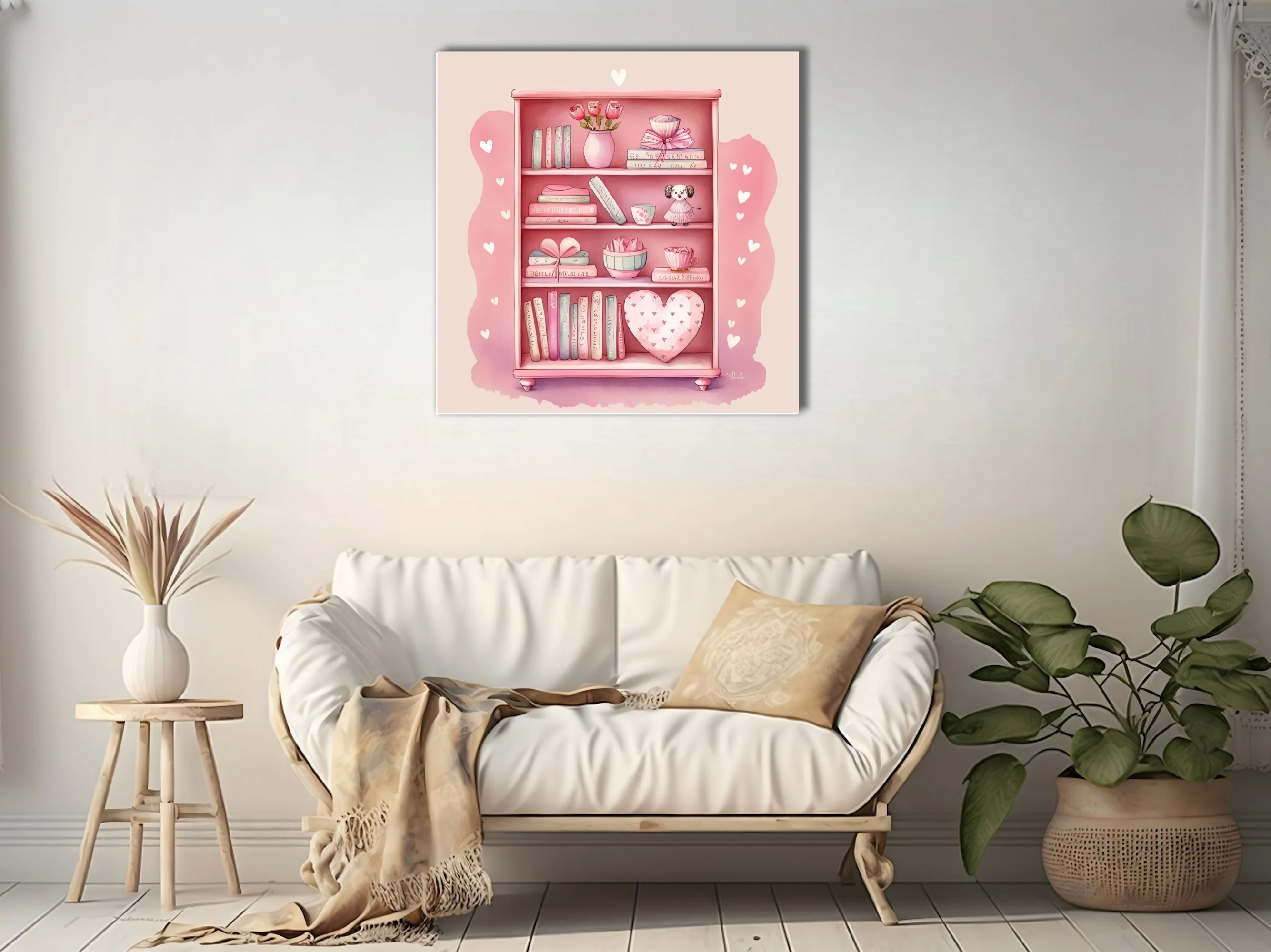Watercolor-style pink bookcase illustration with books, florals, and heart motifs