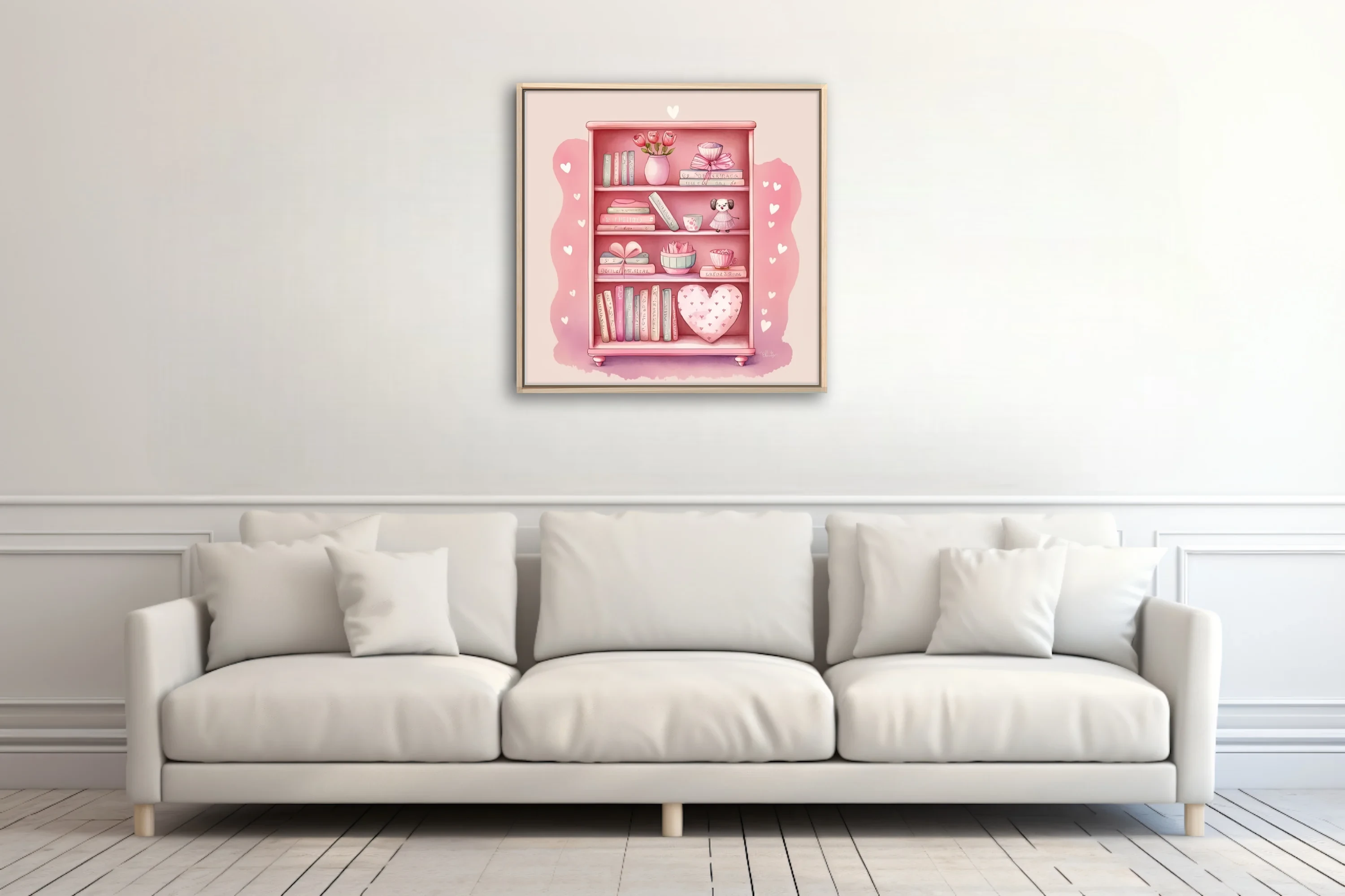 Watercolor-style pink bookcase illustration with books, florals, and heart motifs