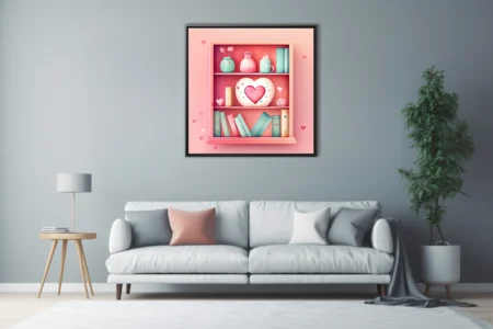 Pastel watercolor-style bookcase with heart motifs and botanical accents, pink mint palette