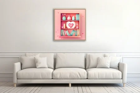 Pastel watercolor-style bookcase with heart motifs and botanical accents, pink mint palette