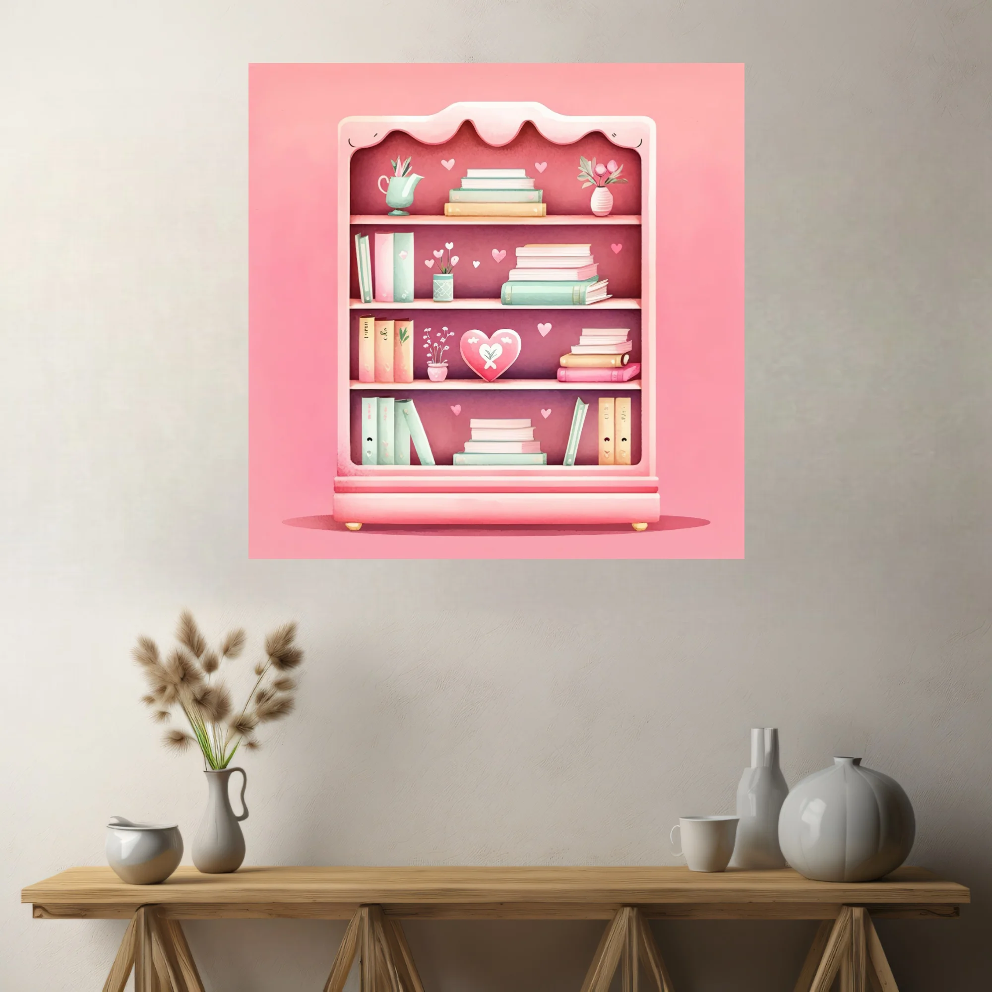 Cute pastel pink bookcase illustration with mint books and heart motifs