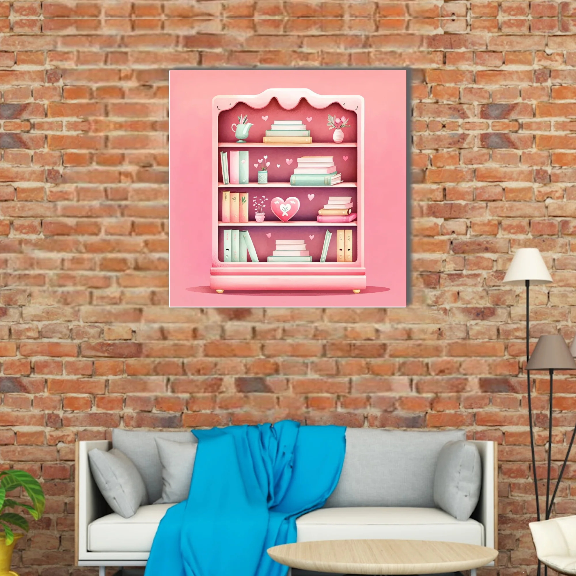 Cute pastel pink bookcase illustration with mint books and heart motifs