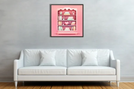Cute pastel pink bookcase illustration with mint books and heart motifs