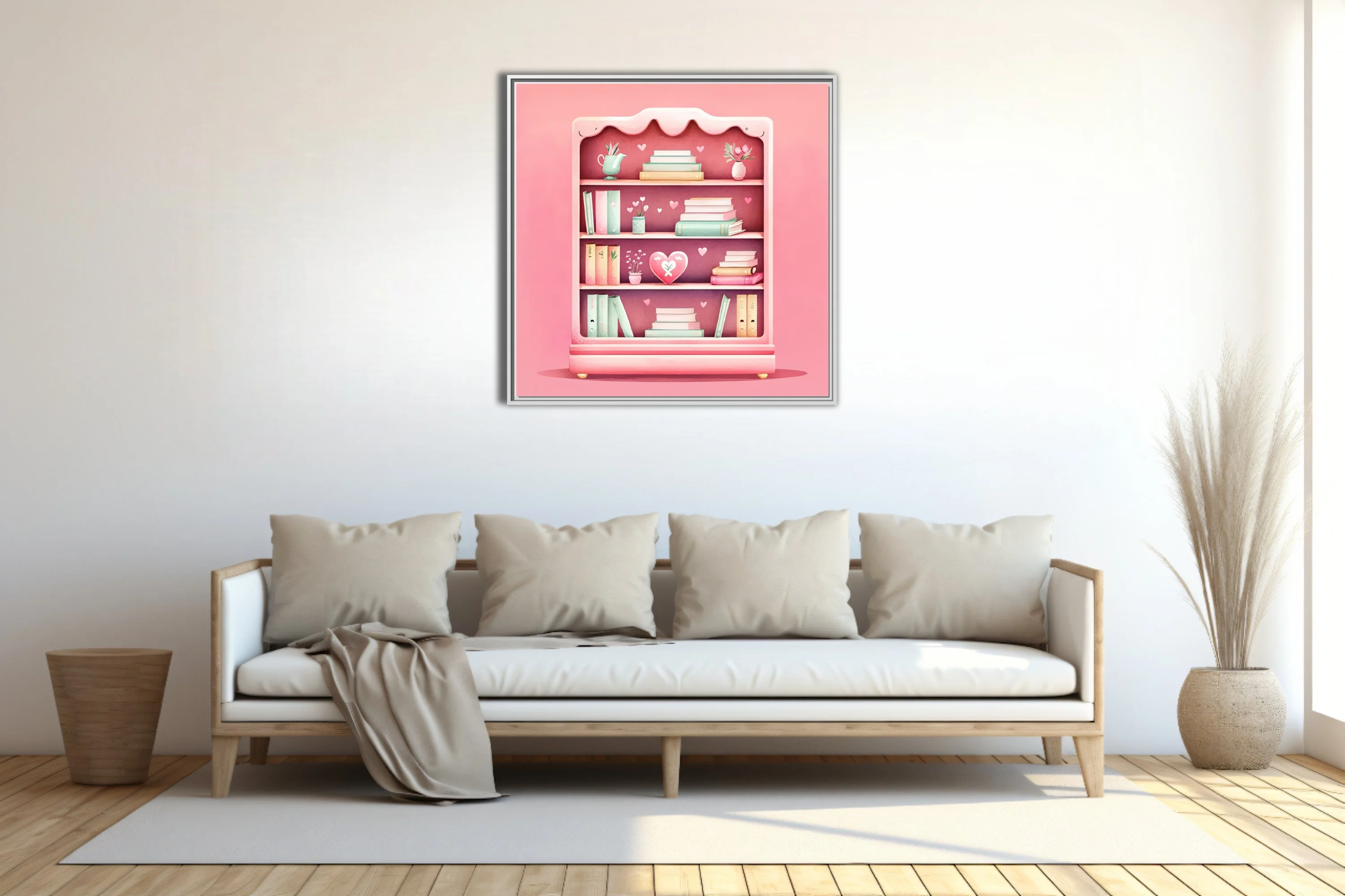 Cute pastel pink bookcase illustration with mint books and heart motifs
