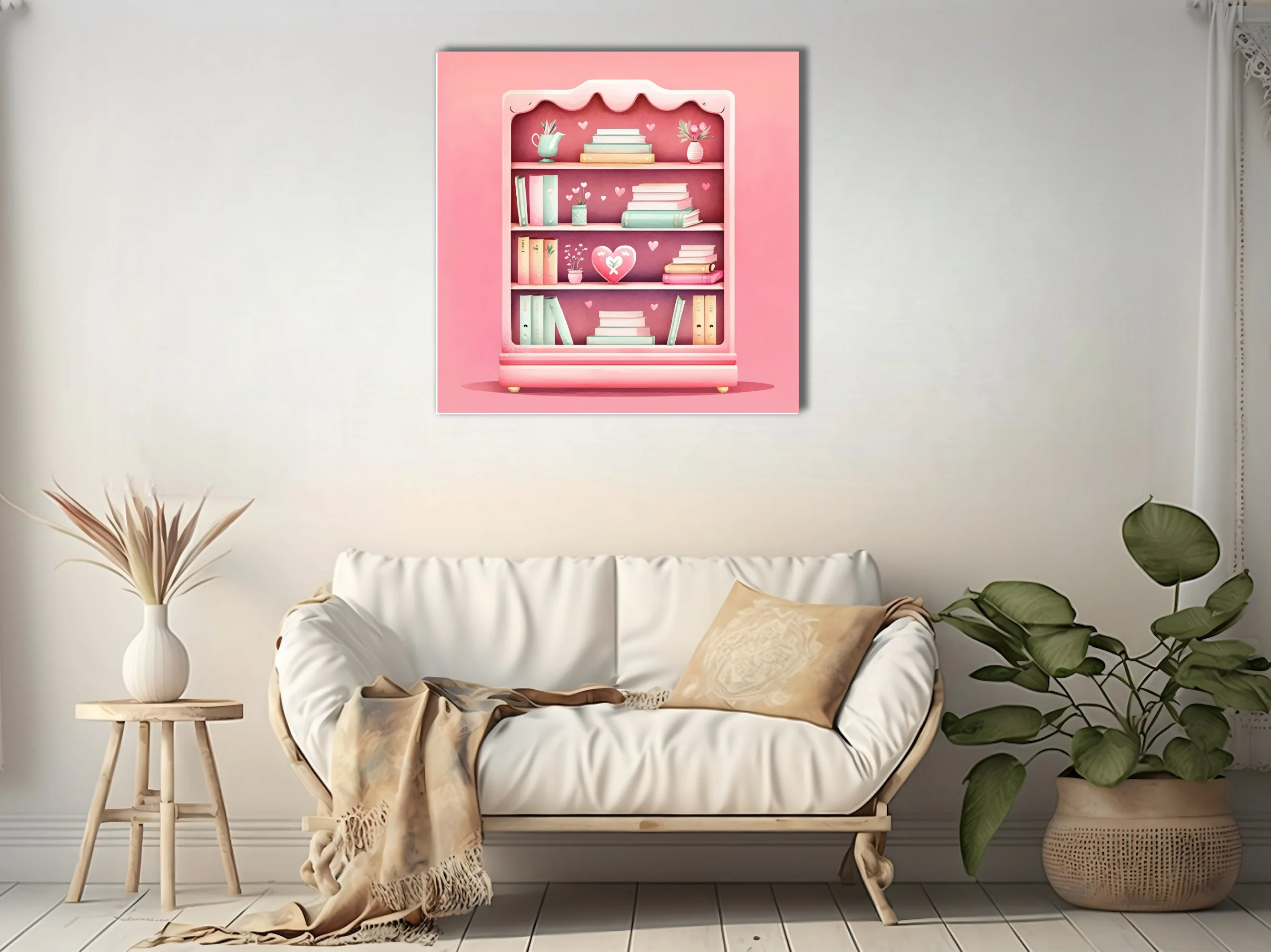 Cute pastel pink bookcase illustration with mint books and heart motifs