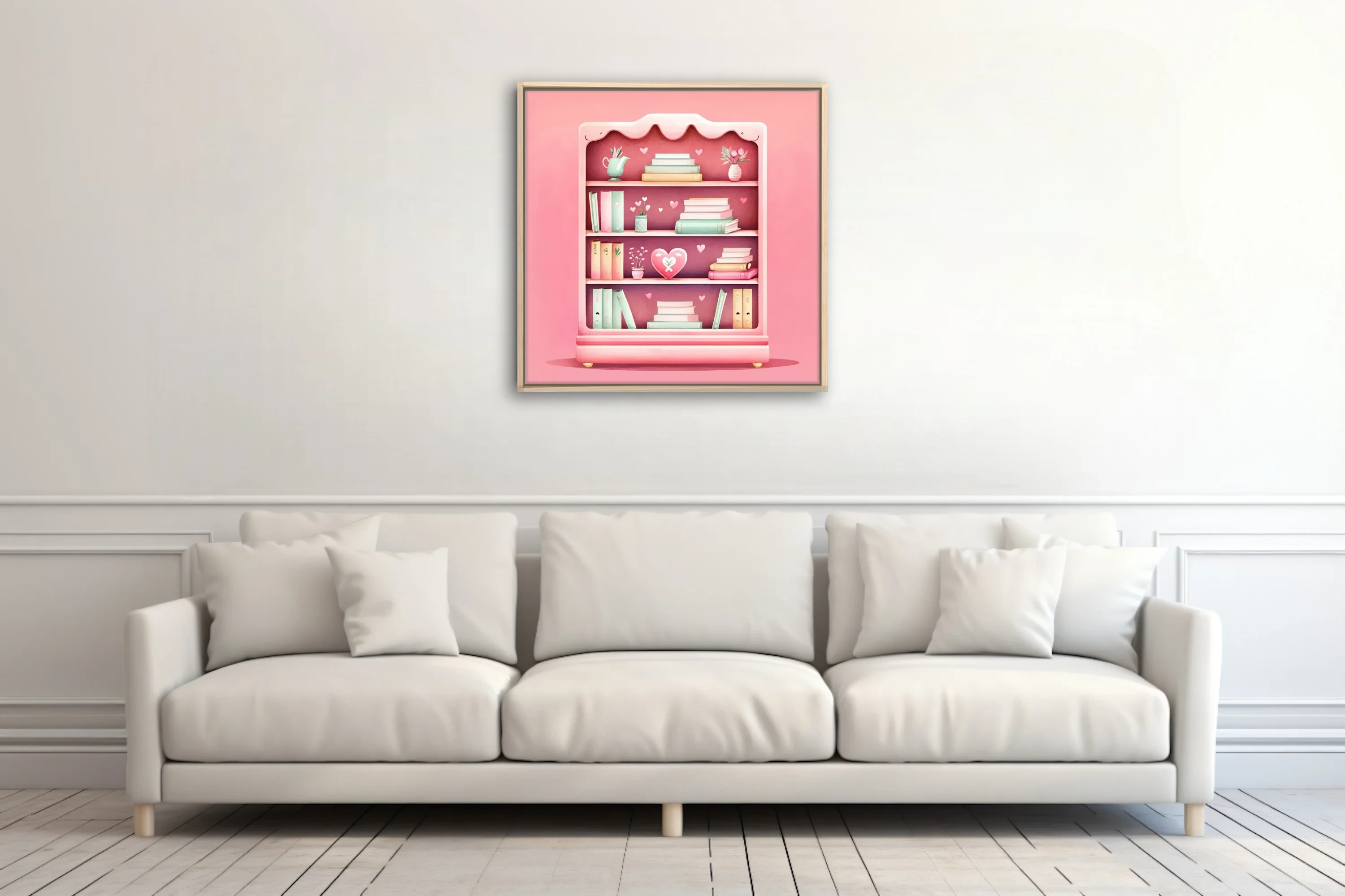 Cute pastel pink bookcase illustration with mint books and heart motifs
