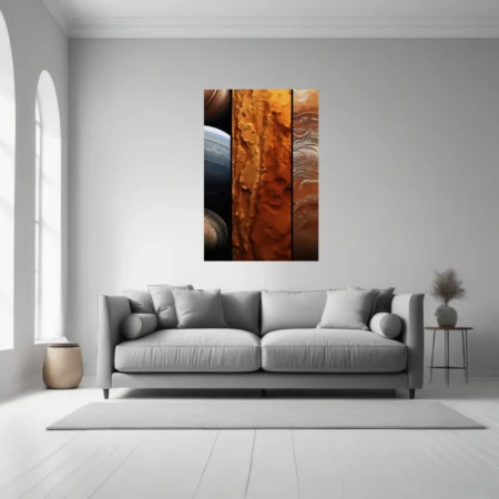 Sci-fi planetary triptych in amber, rust, and deep brown tones