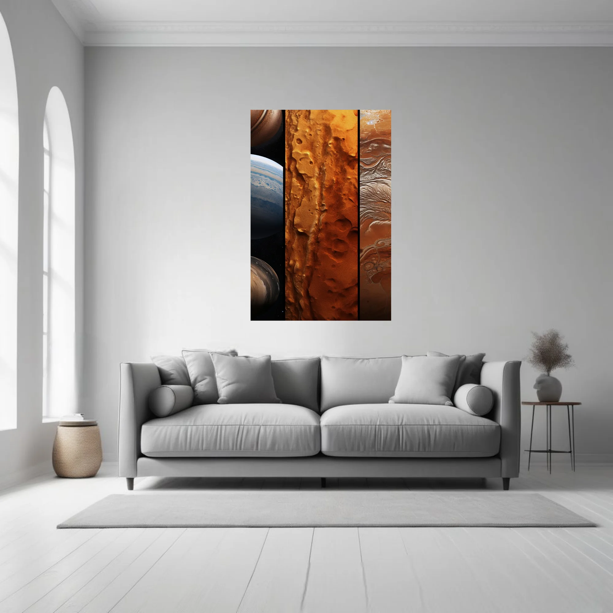 Sci-fi planetary triptych in amber, rust, and deep brown tones