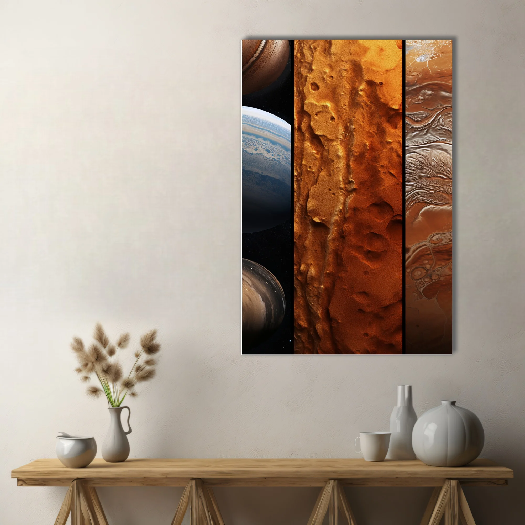 Sci-fi planetary triptych in amber, rust, and deep brown tones
